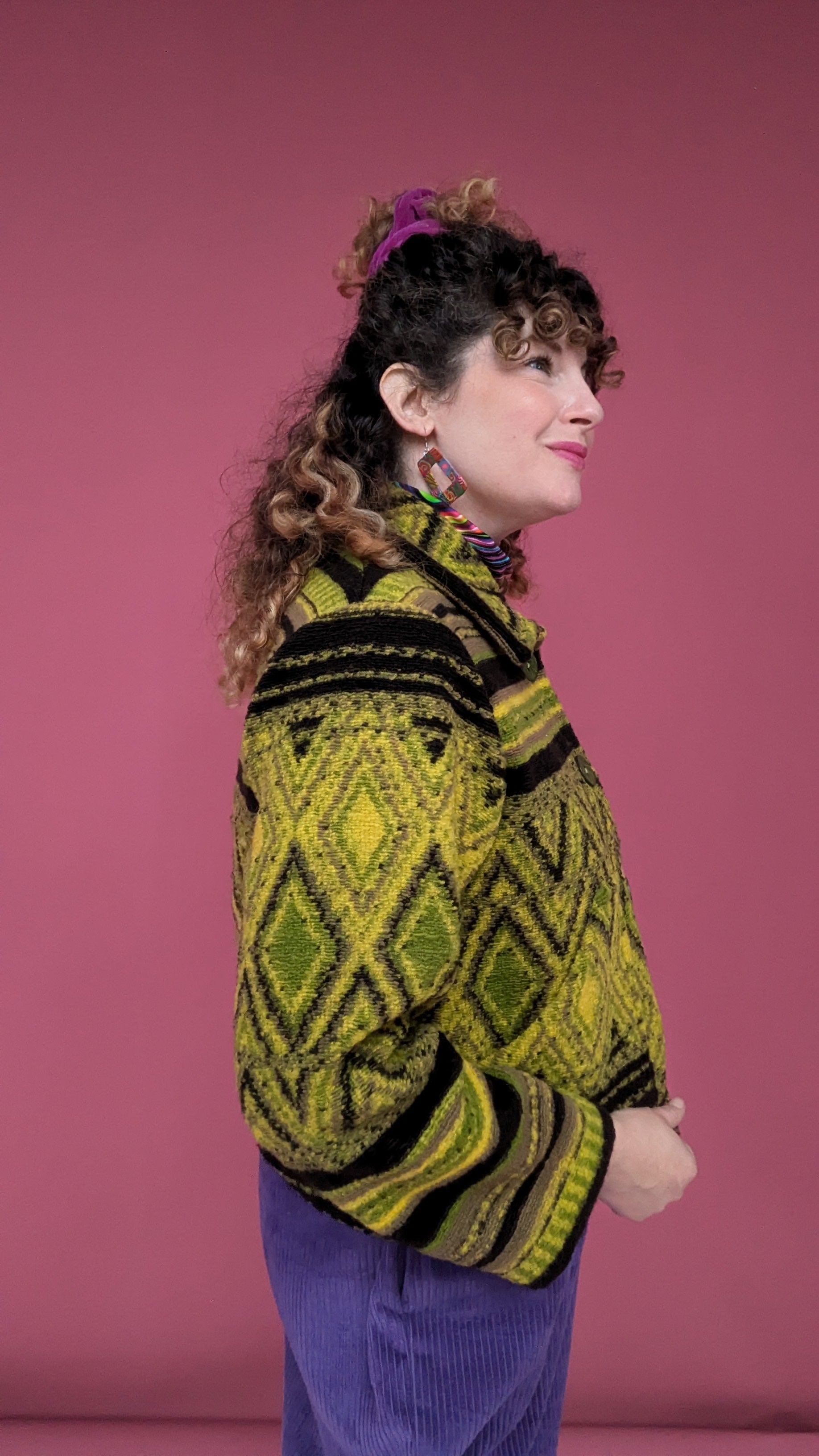 Knitted Box Jacket in Olive Diamond - Megan Crook