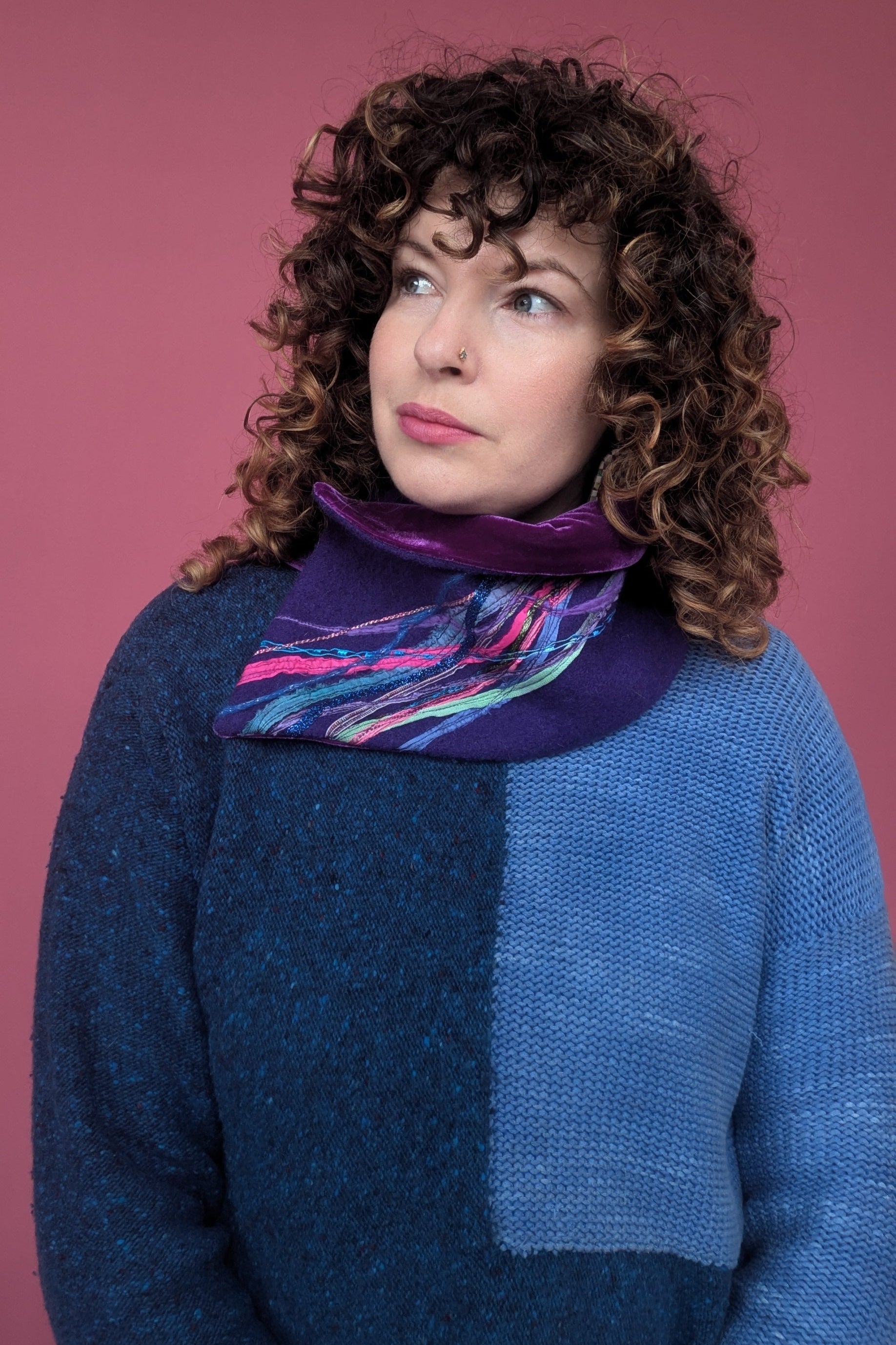 Embellished Wool & Velvet Neck Wrap in Purple - Megan Crook