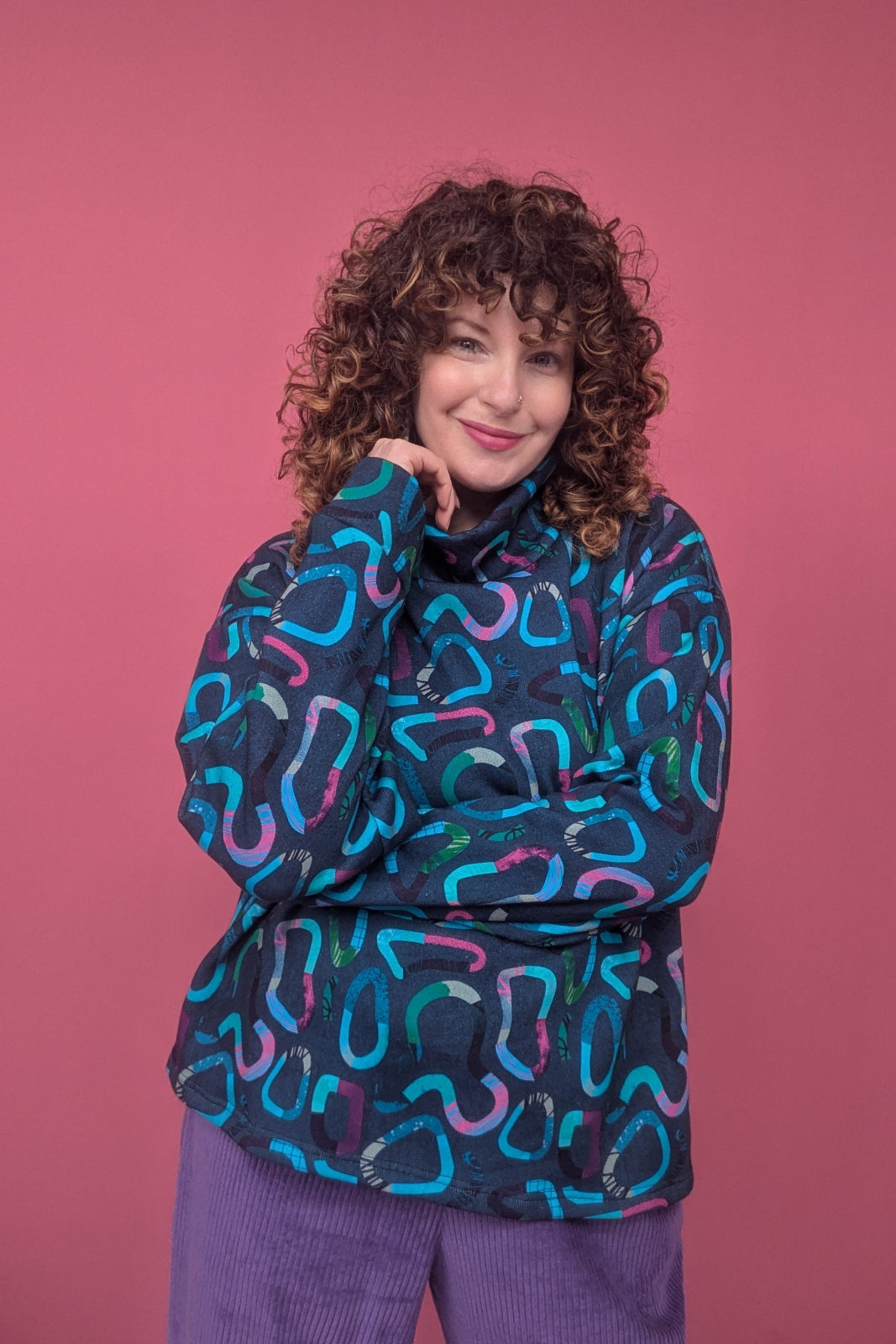 Funnel Neck Pullover in Squiggle Blobs Dark Teal