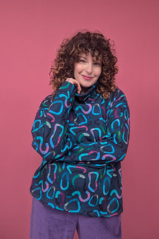 * Funnel Neck Pullover in Squiggle Blobs Dark Teal