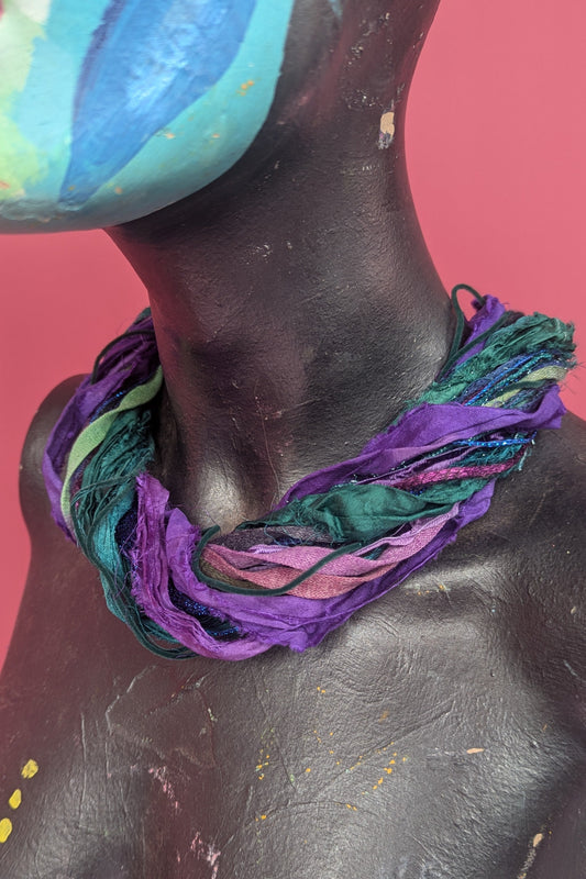 Silk Yarn Necklace in Purple and Green Tones