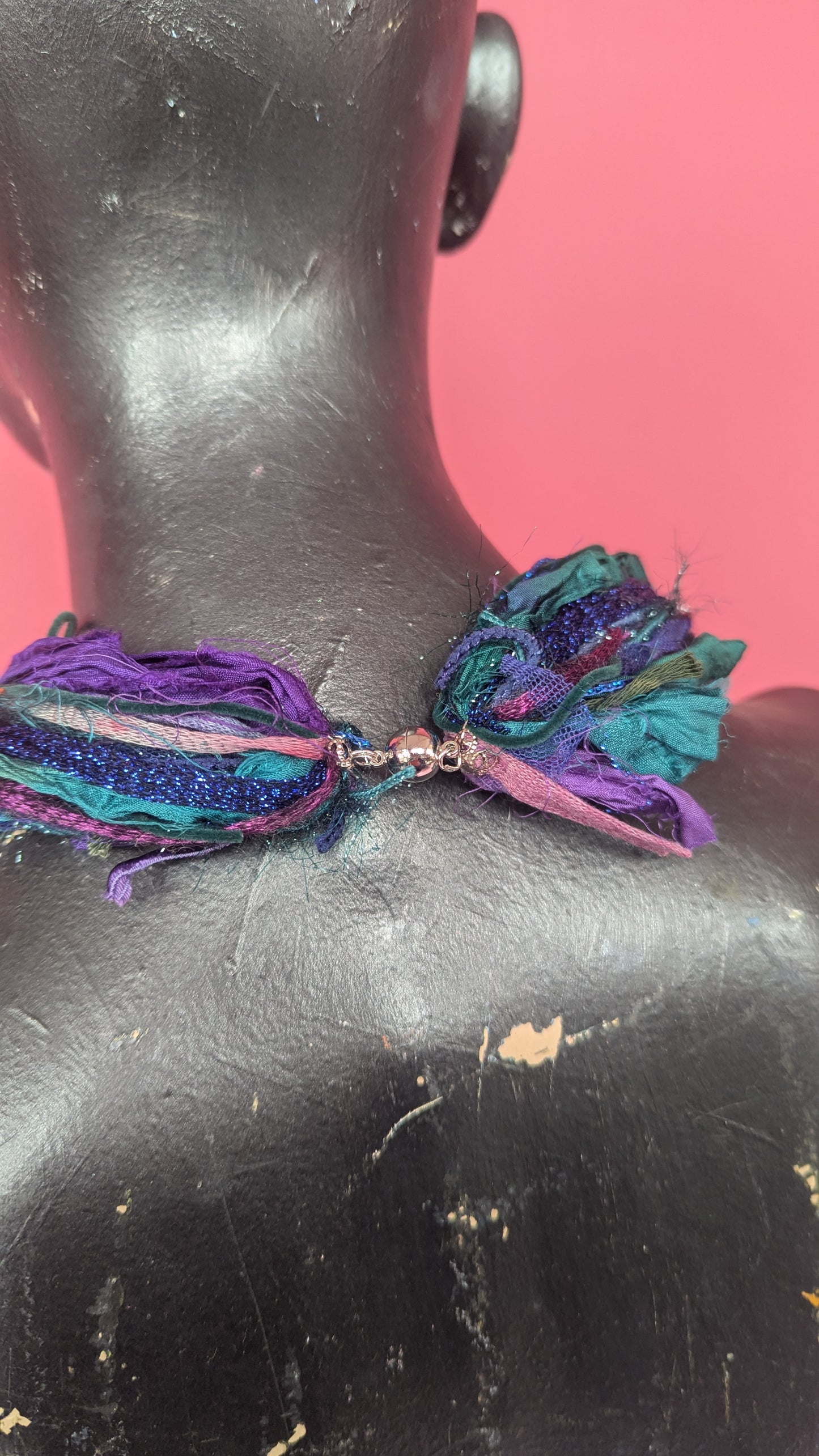 Silk Yarn Necklace in Purple, Green and Blue Tones