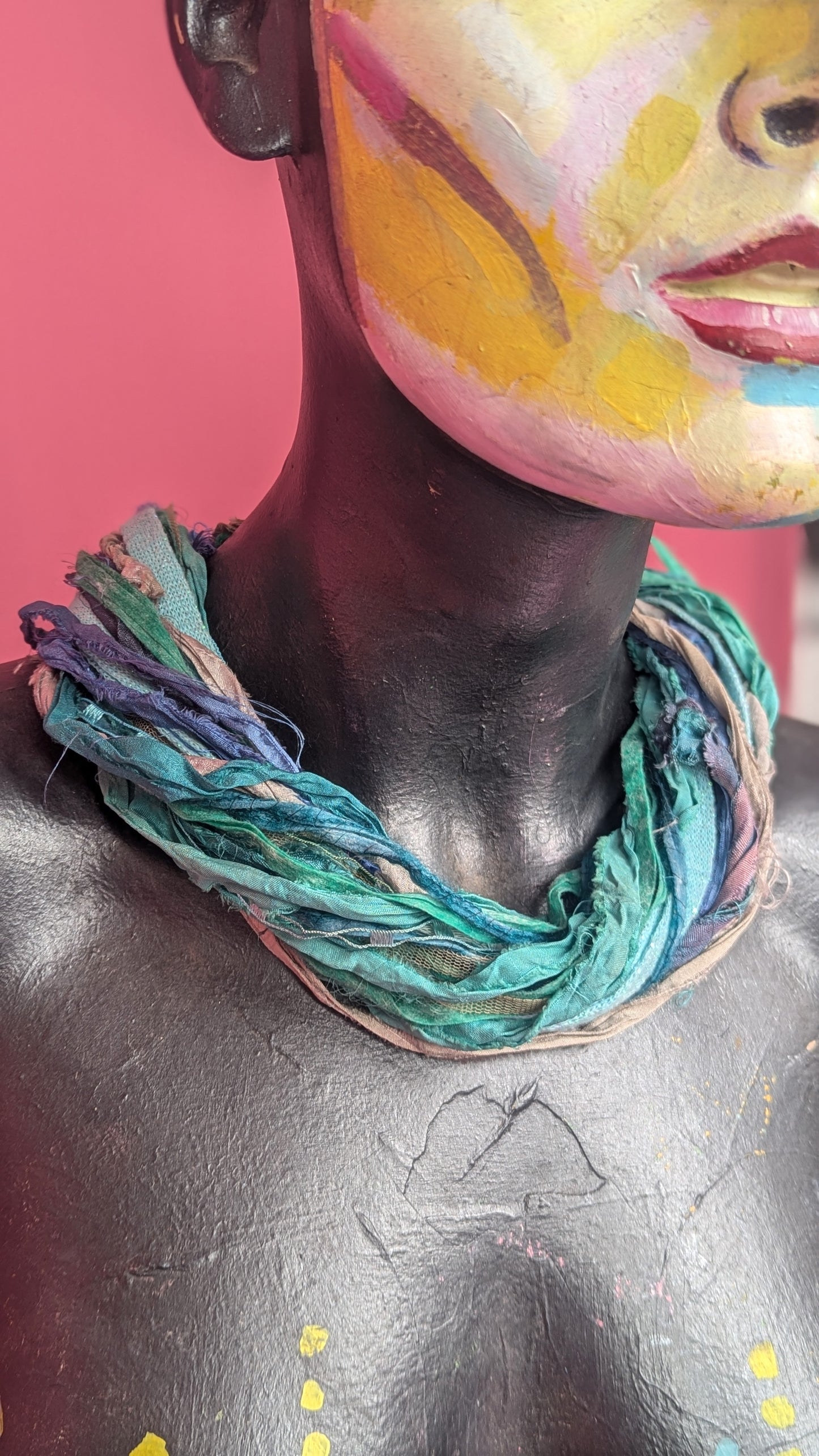 Silk Yarn Necklace in Aqua Blue