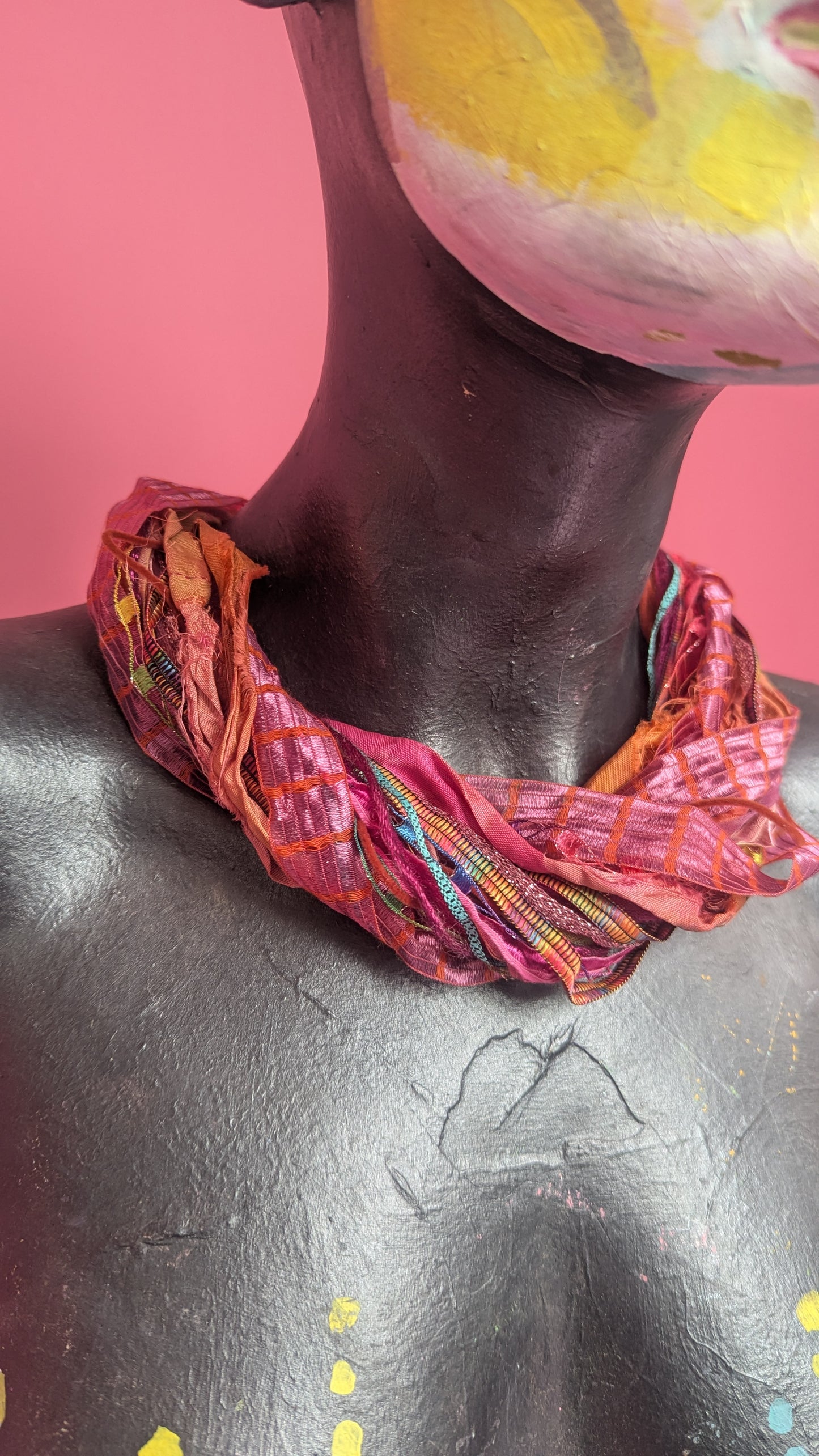 Silk Yarn Necklace in Pink and Orange