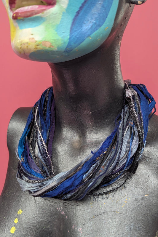 Silk Yarn Necklace in Navy and Grey