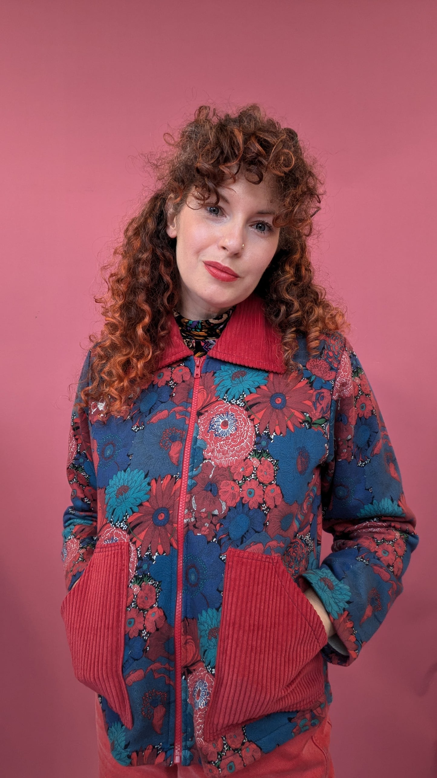 * Liberty Cord Clash Box Jacket in Red Floral
