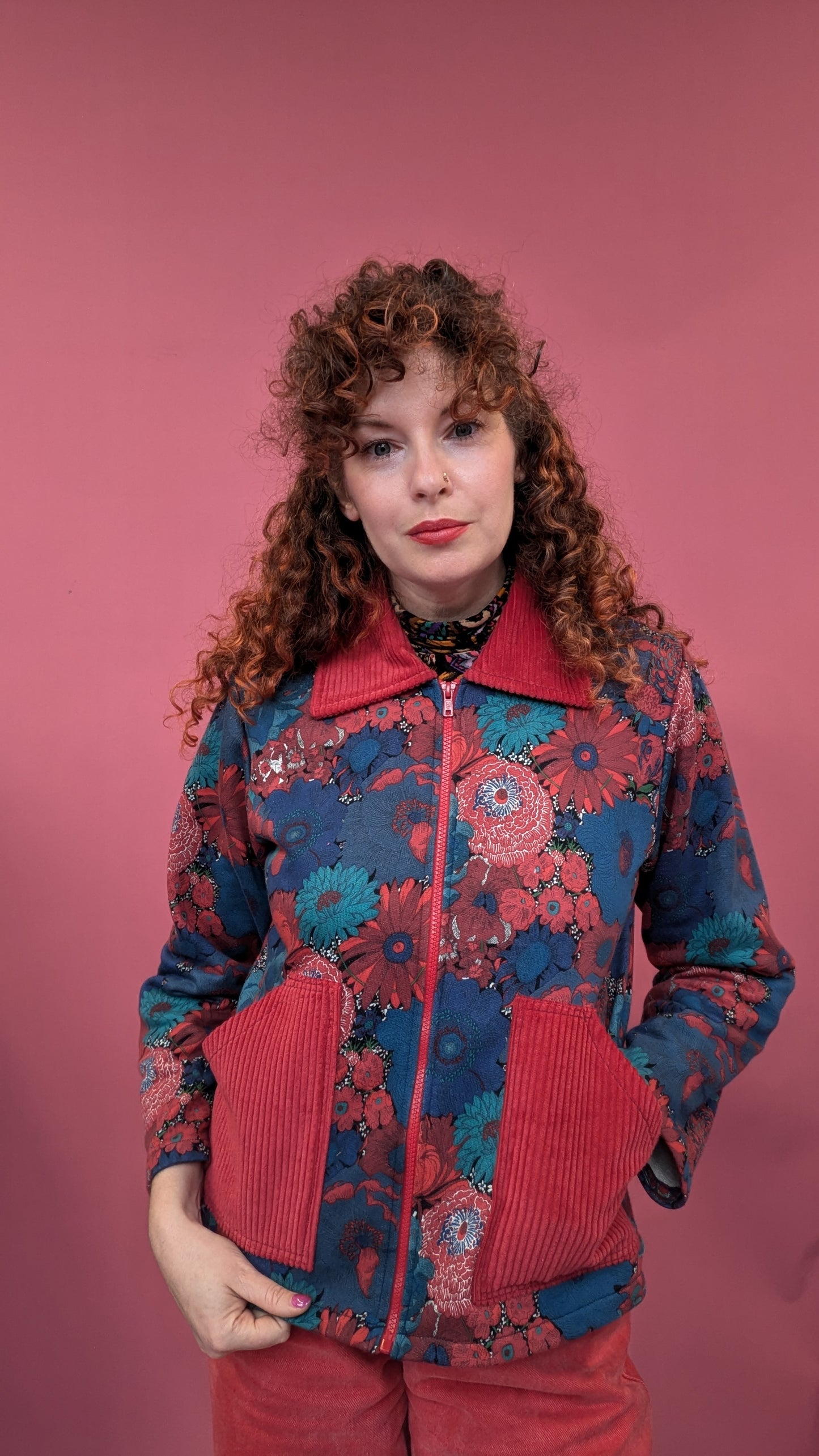 * Liberty Cord Clash Box Jacket in Red Floral