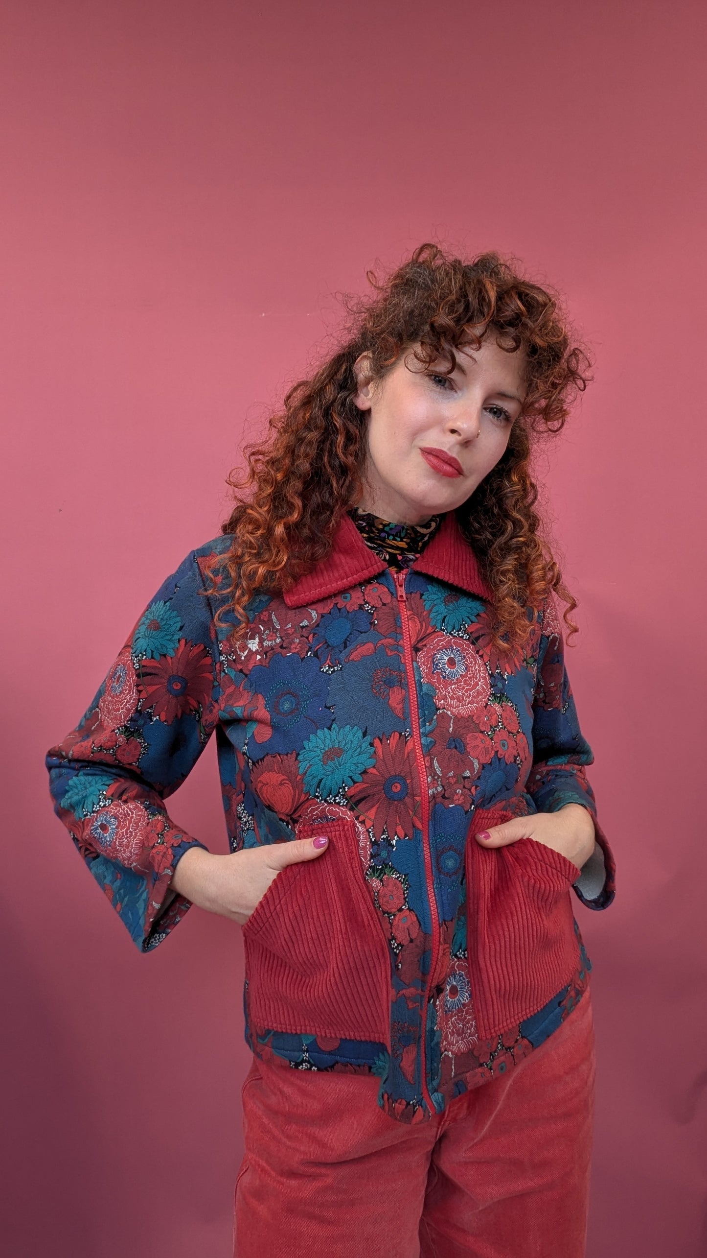 * Liberty Cord Clash Box Jacket in Red Floral
