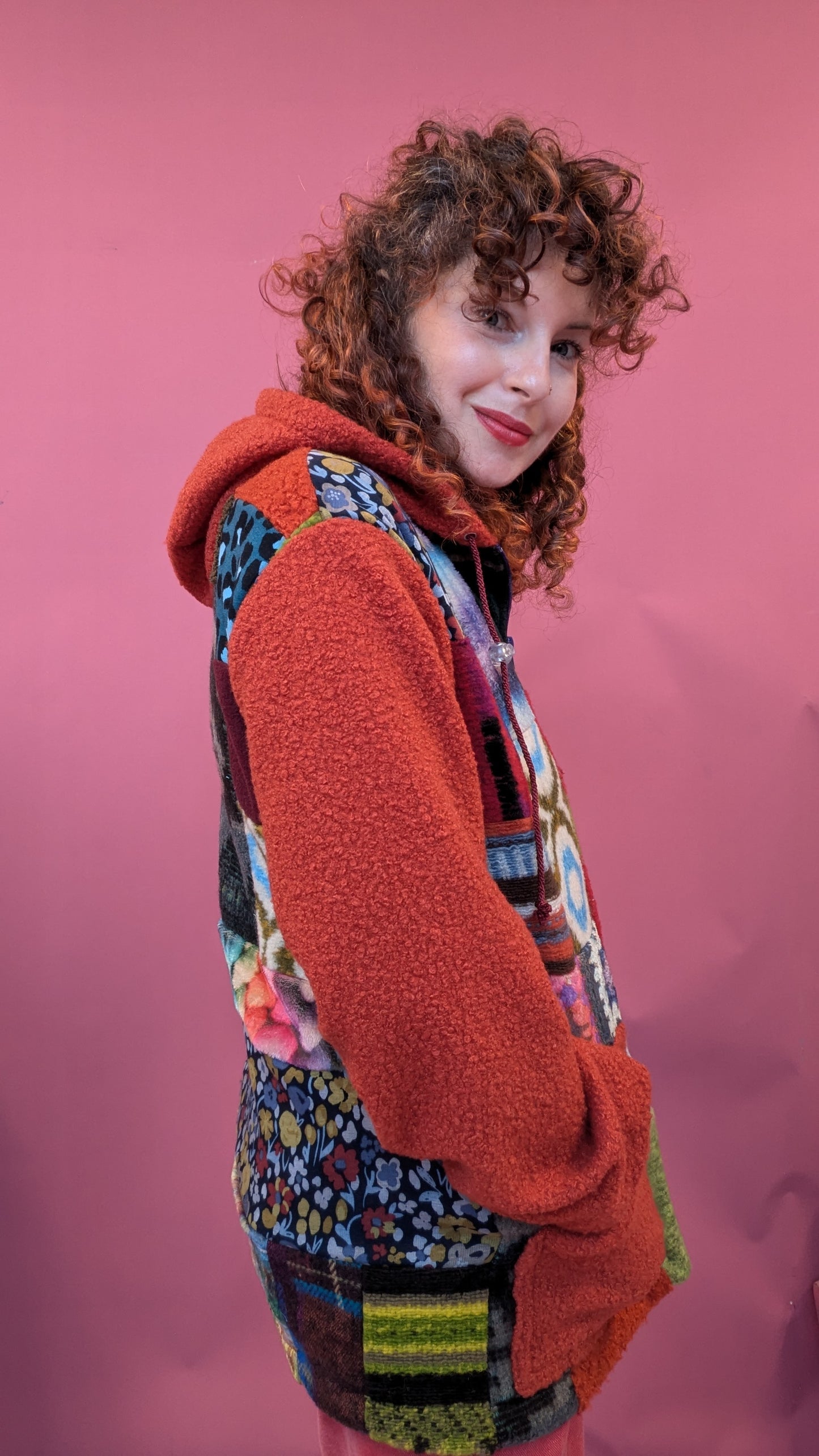 Patchwork Boucle Zip Up Hoodie