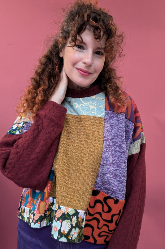 * Patchwork Batwing Pullover in Burgundy