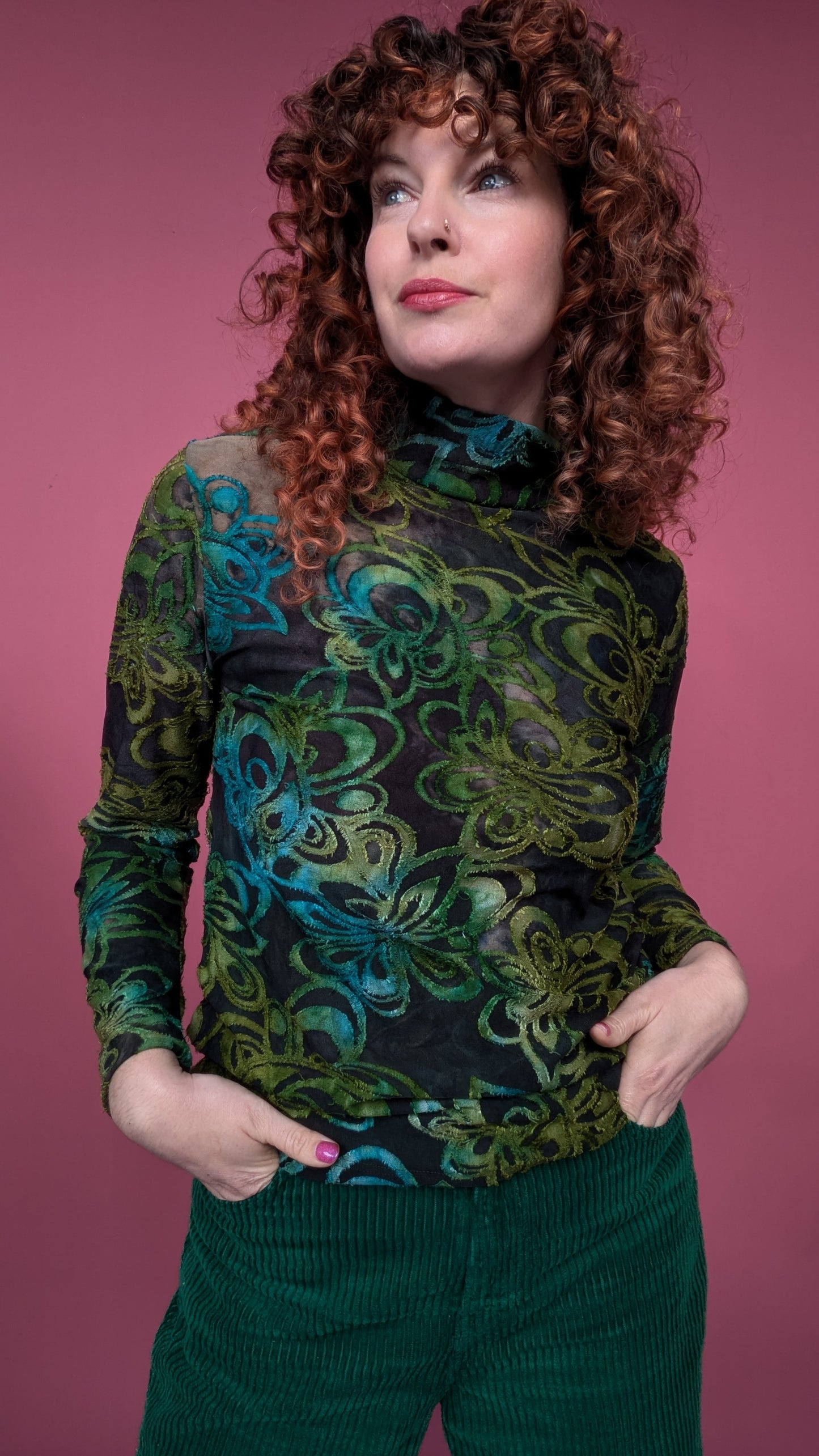 Mock Turtleneck in Green Floral Burnout Jersey