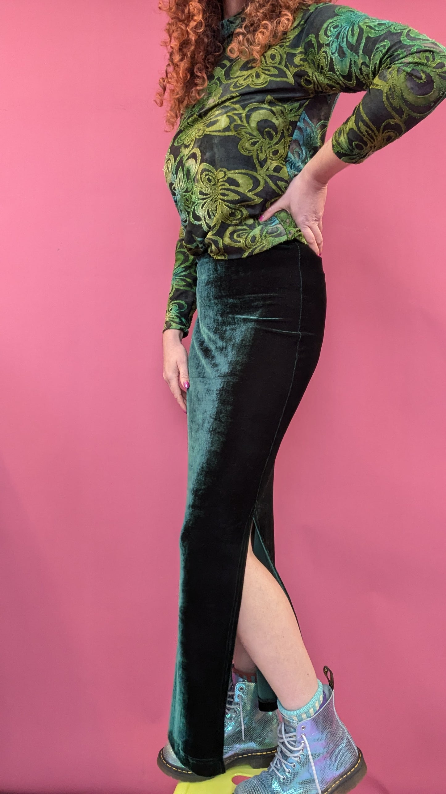 Maxi Velvet Side Split Skirt in Bottle Green