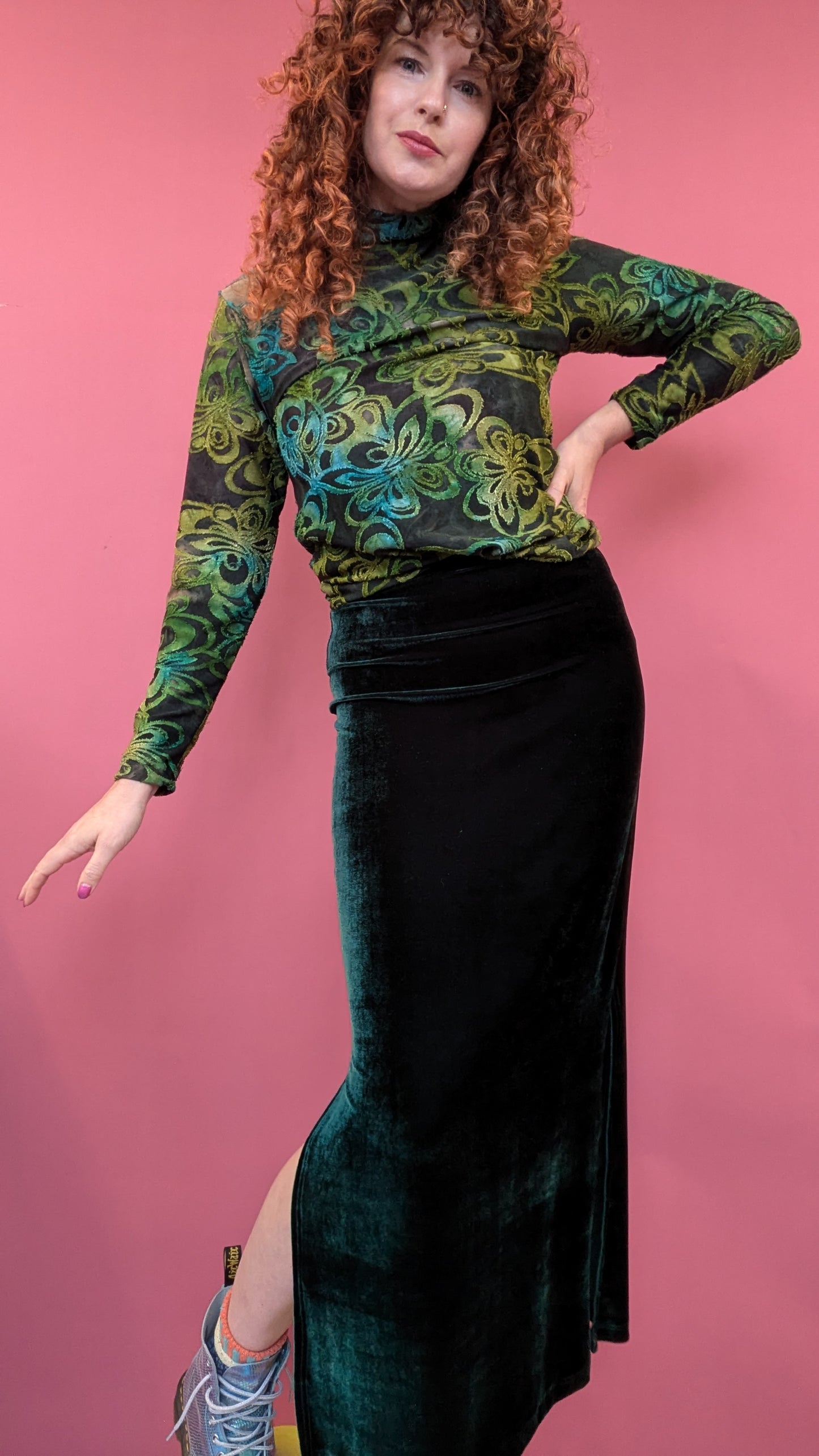 Maxi Velvet Side Split Skirt in Bottle Green