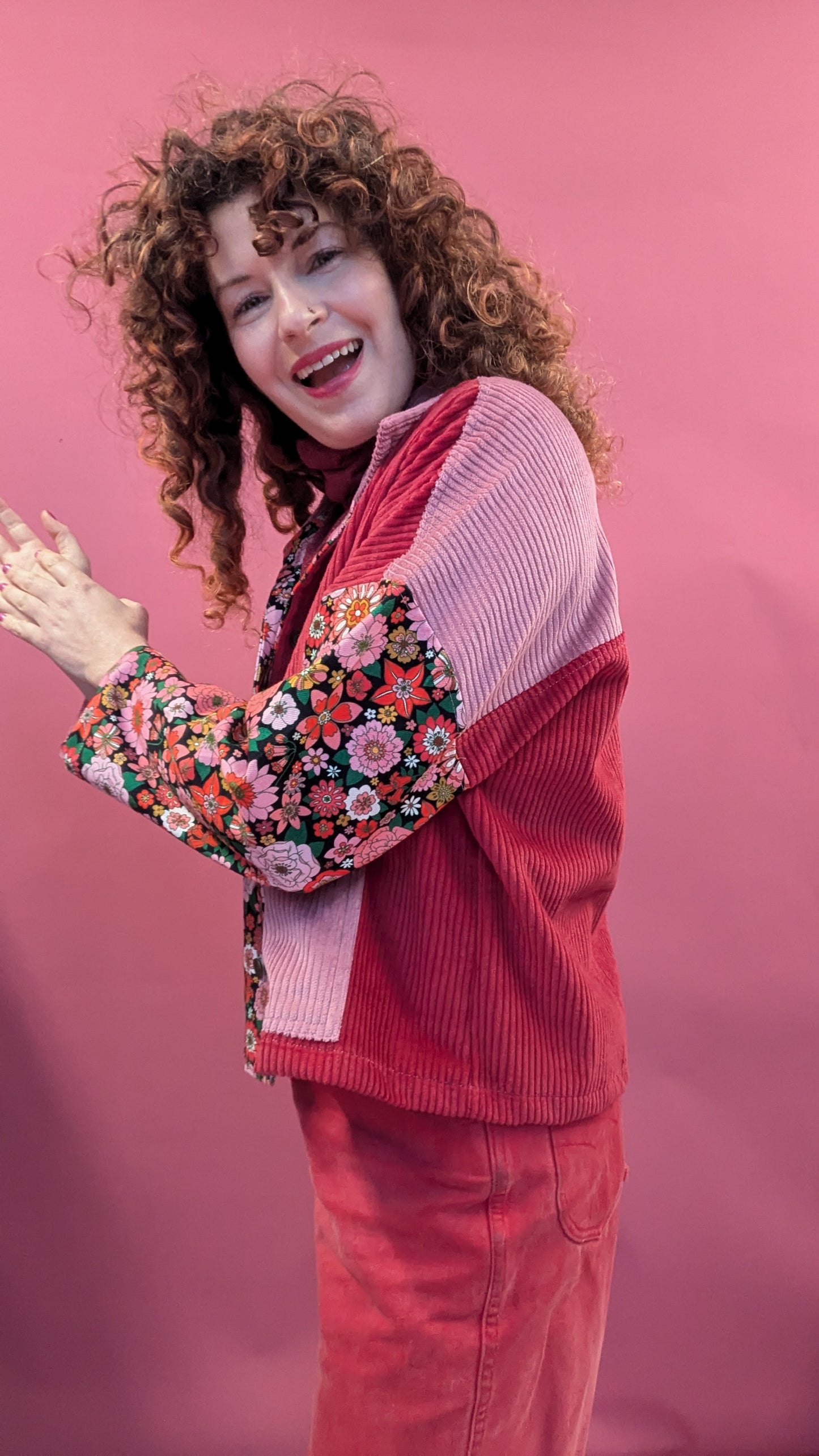 Cord and Denim Clash Chore Jacket in Pink Floral