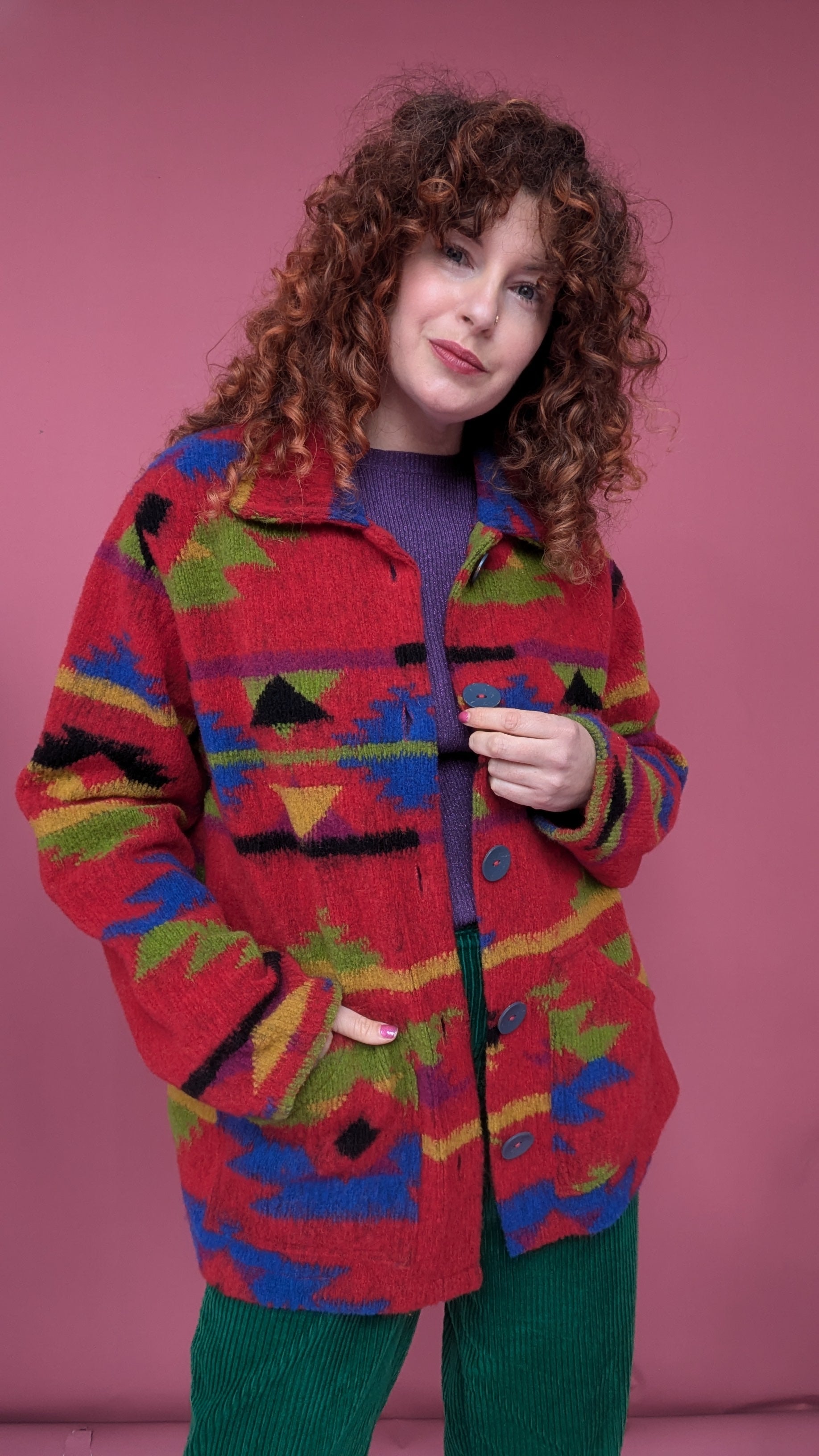 Knitted Box Jacket in Red Aztec - Megan Crook