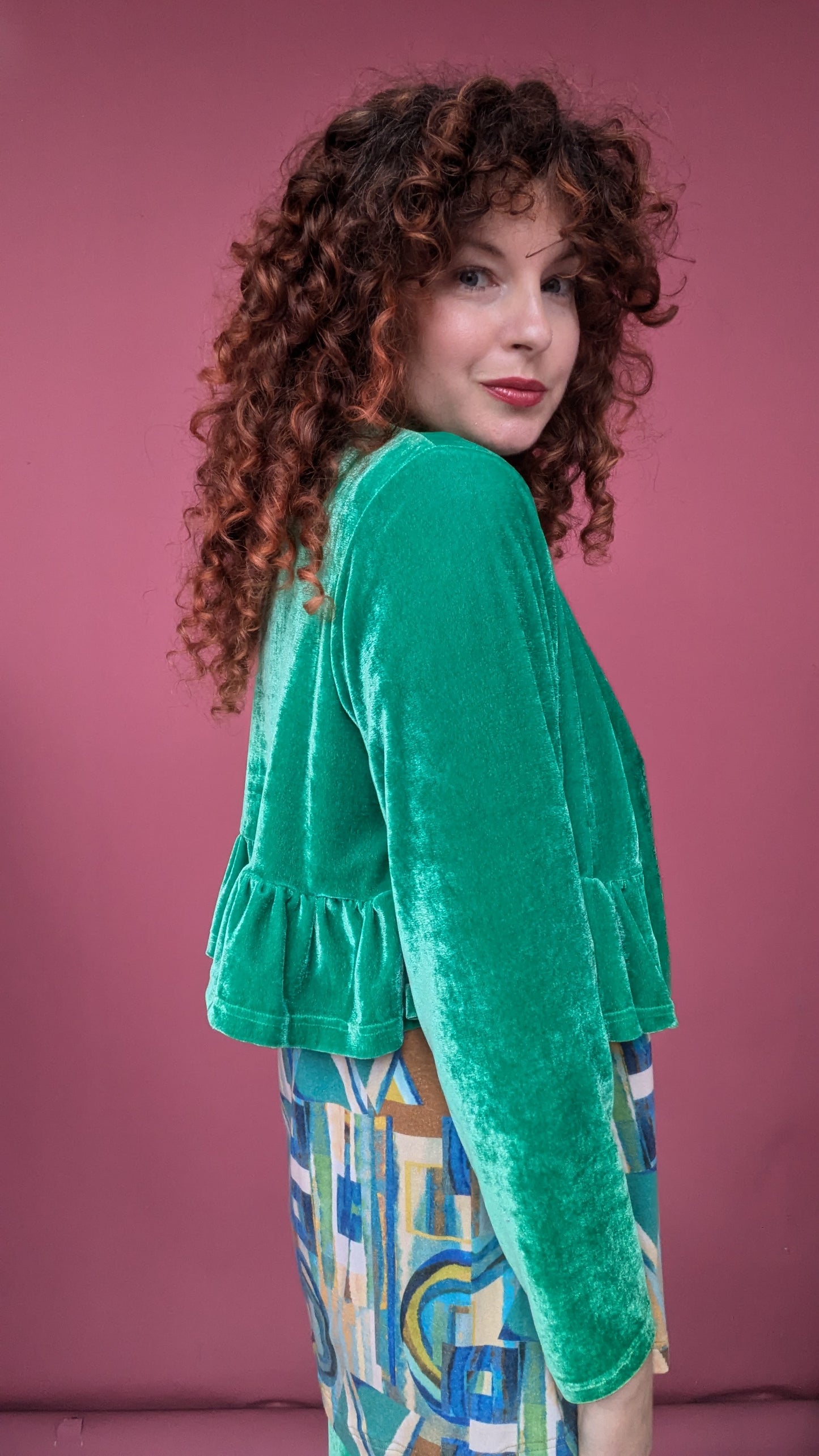 Velvet Ruffle Bolero in Jade Green