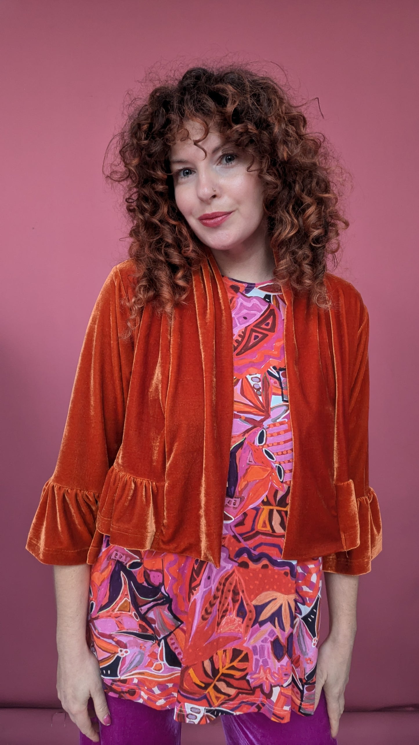 Velvet Ruffle Bolero in Burnt Orange