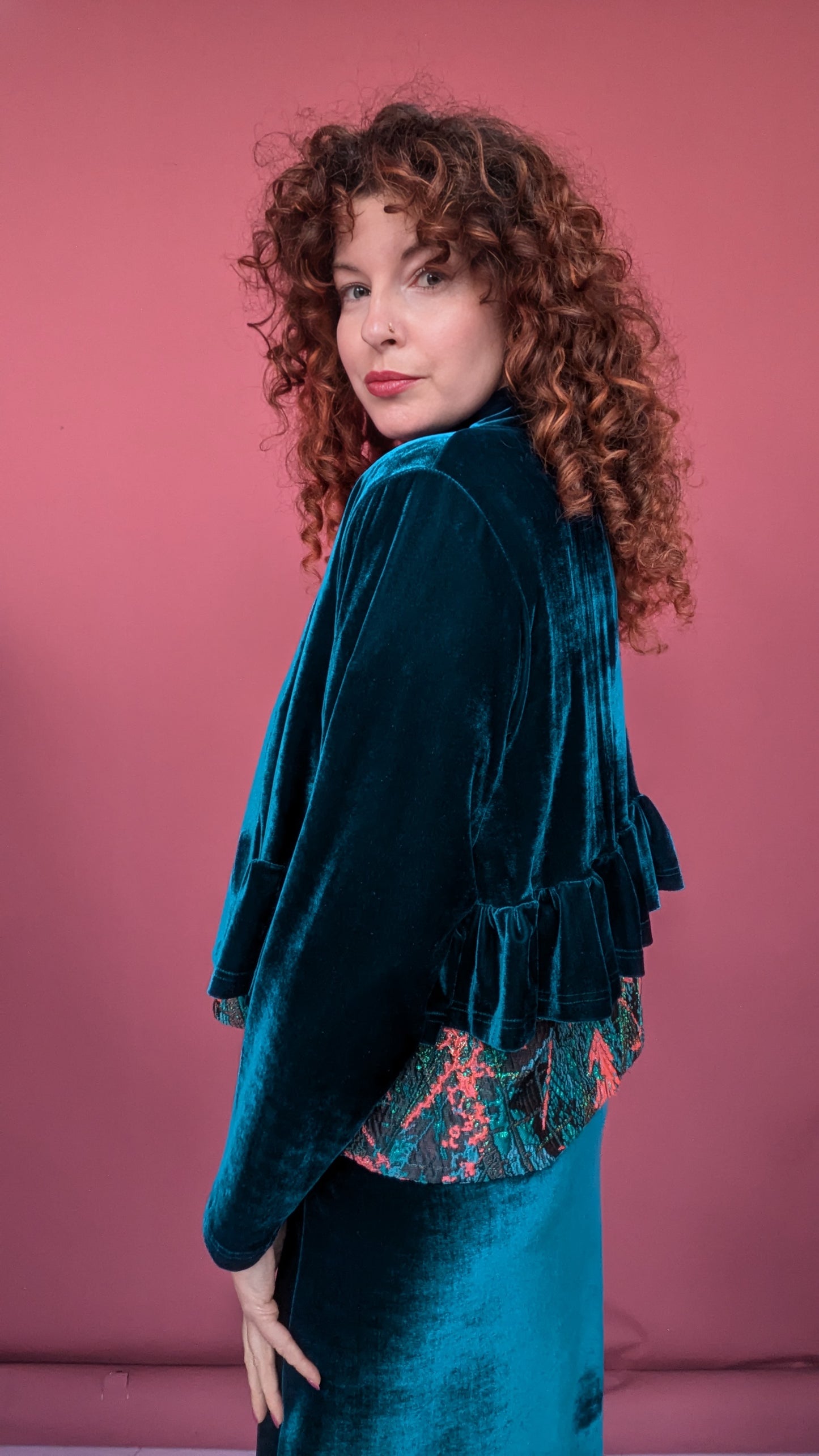 Velvet Ruffle Bolero in Bottle Green