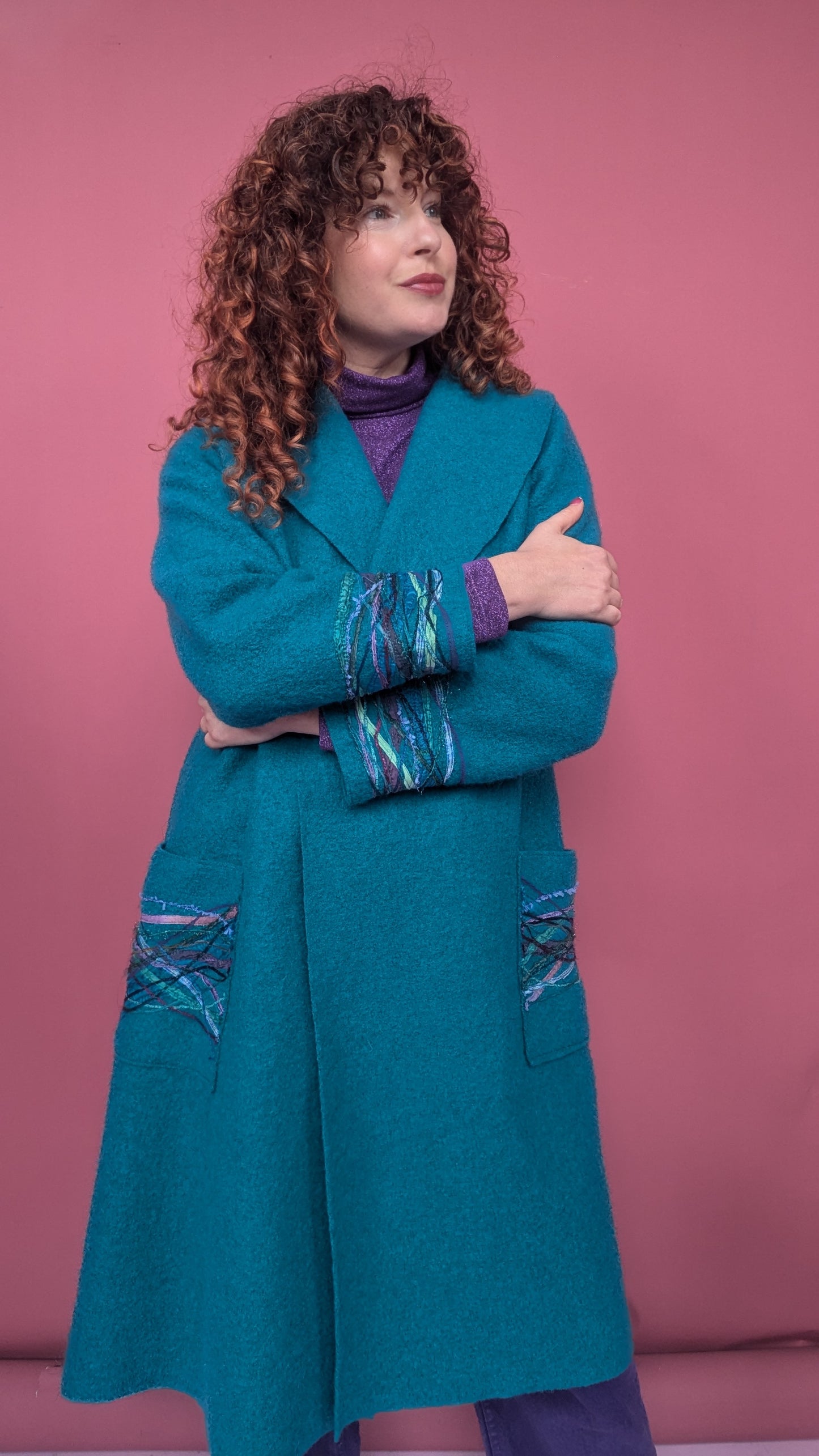 Embellished Long Wool Coat in Ocean