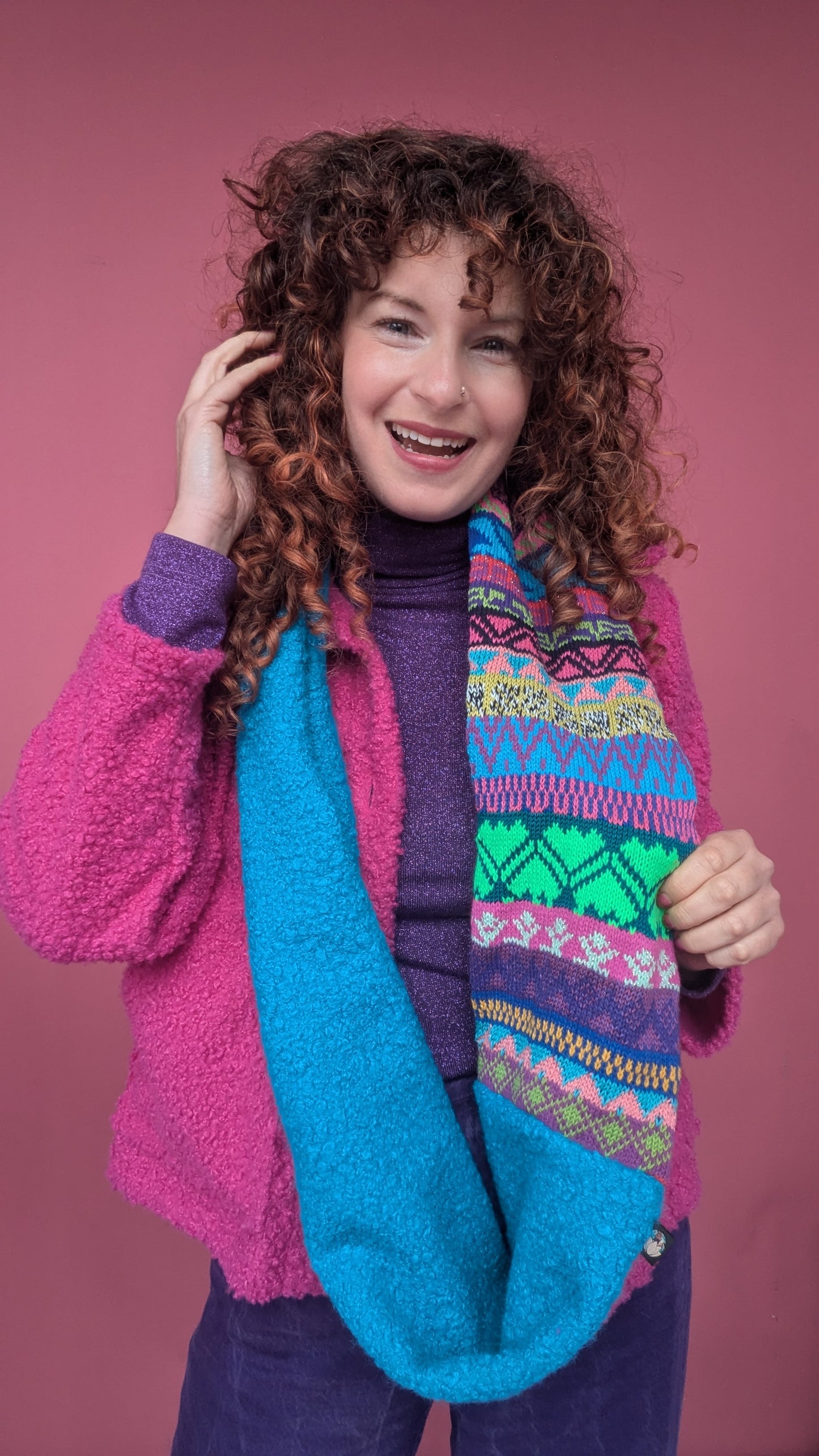 Infinity Scarf in Blue Fairisle Knit and Boucle