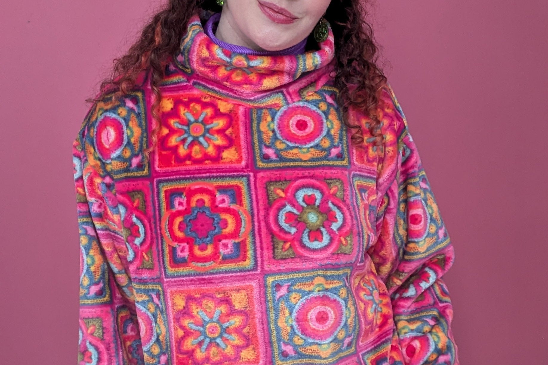 Funnel Neck Pullover in Pink Crochet Cuddle Fleece - Megan Crook