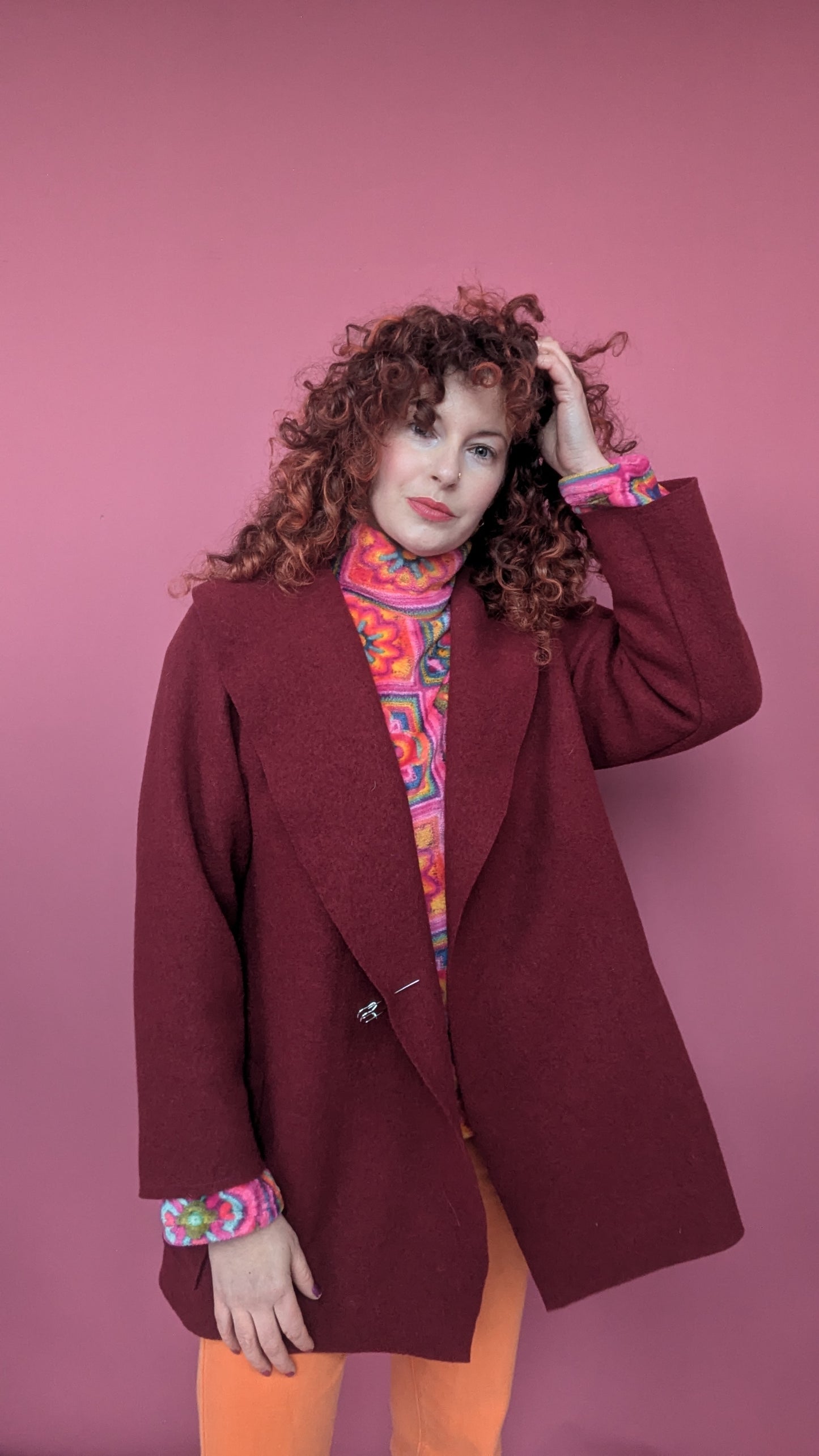 Short Boiled Wool Coat in Wine