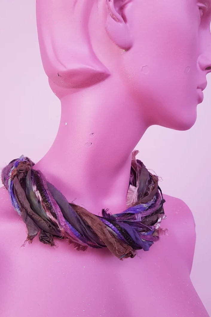 Silk Yarn Necklace in Brown and Plum