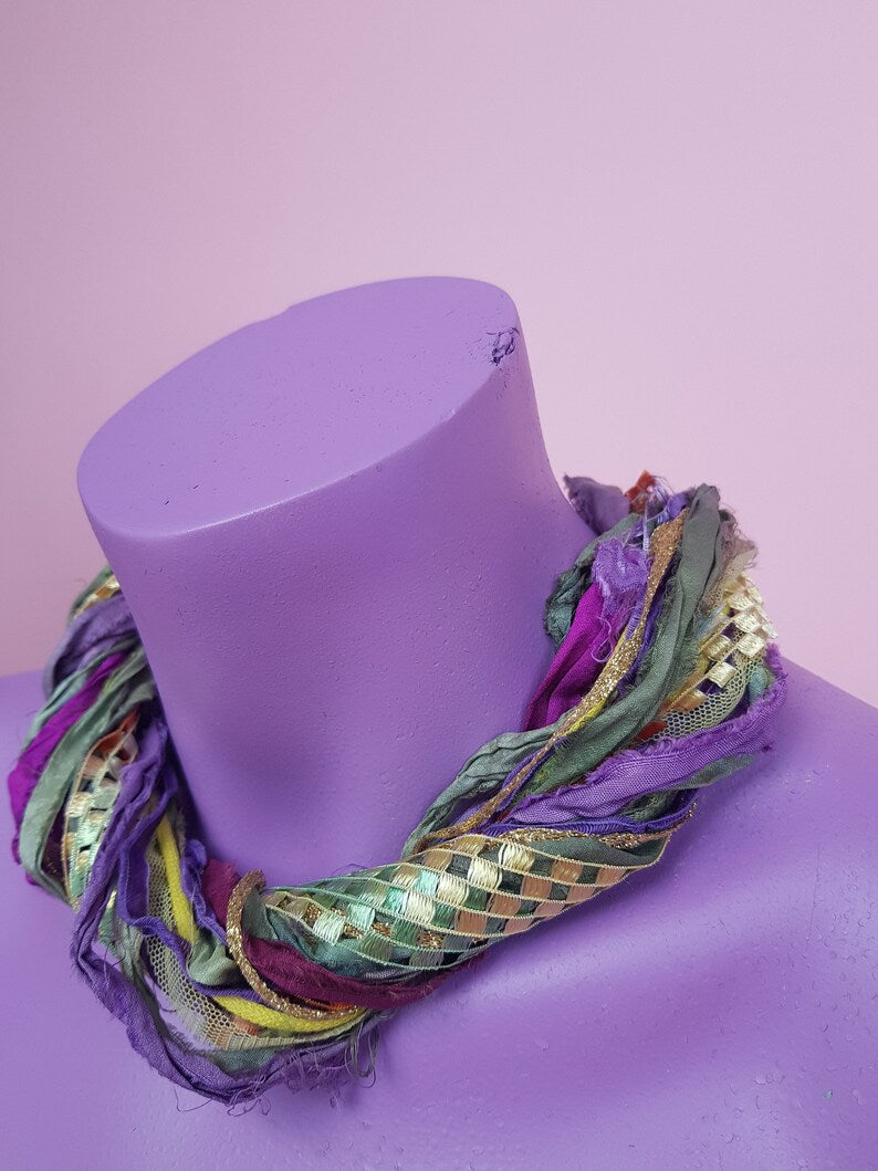 Silk Yarn Necklace in Purple and Gold