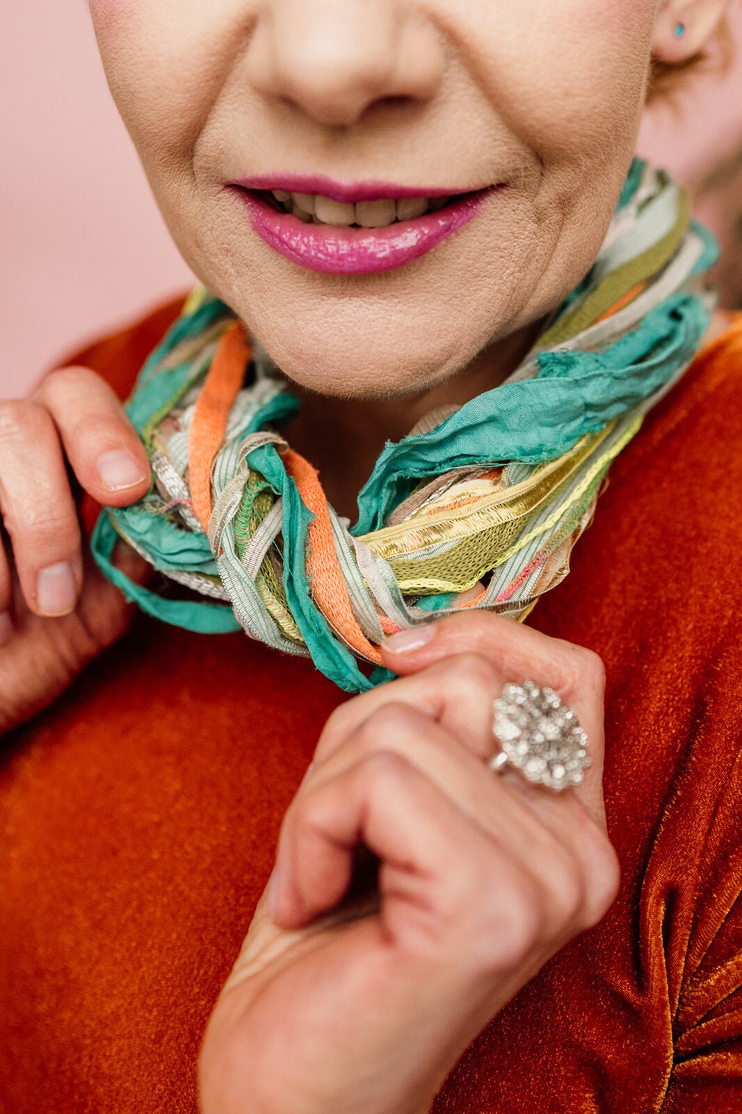 Silk Yarn Necklace in Green and Orange