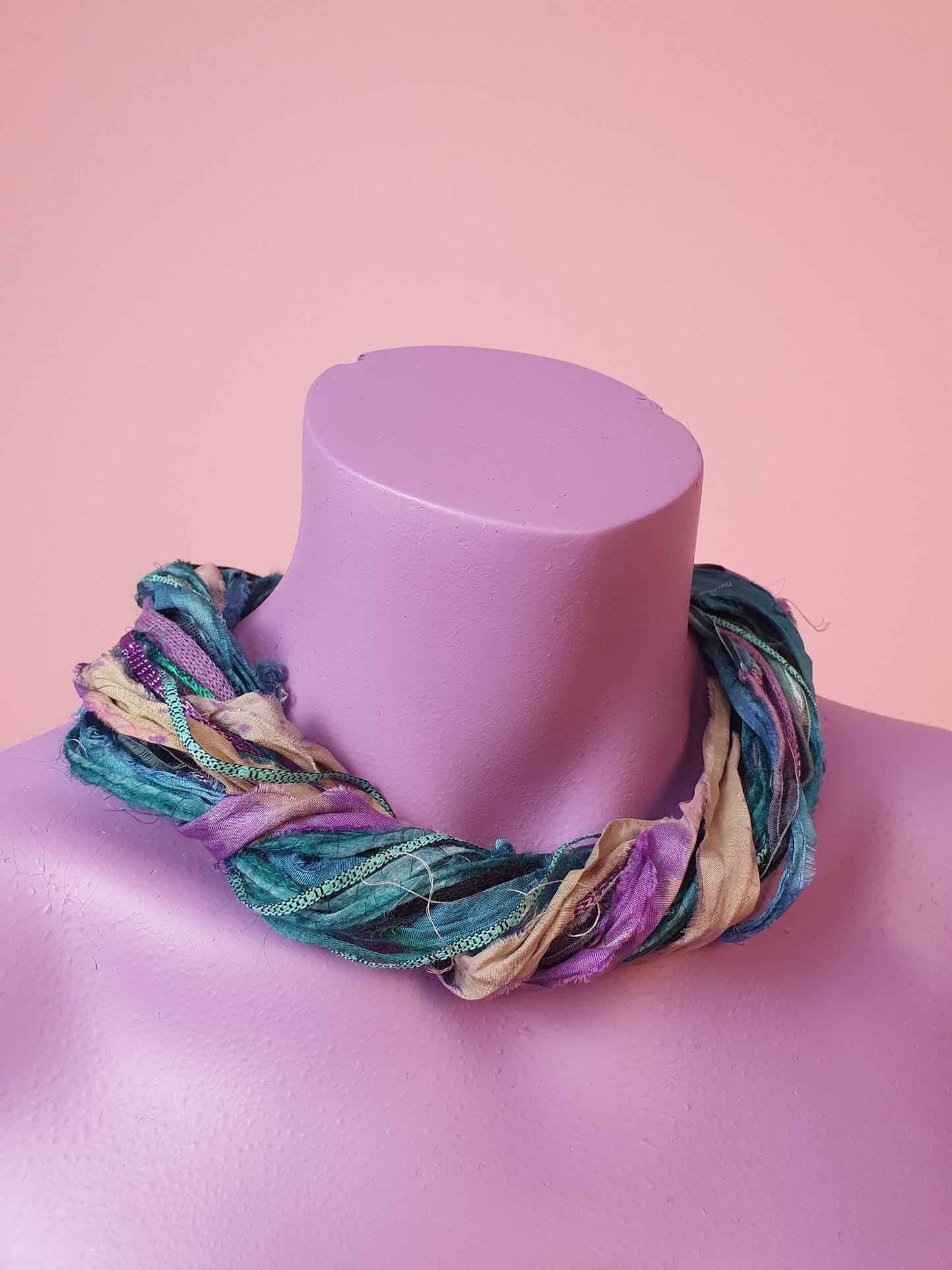 Silk Yarn Necklace in Aqua Plum