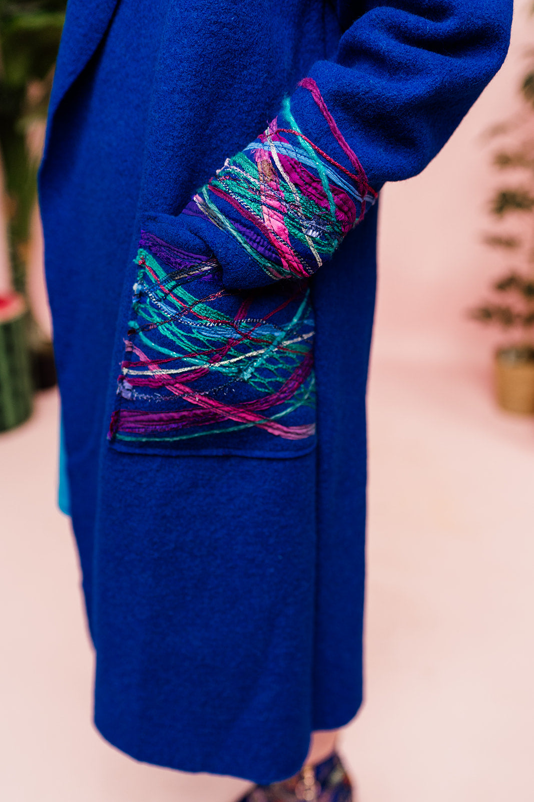 Embellished Long Wool Coat in Royal Blue