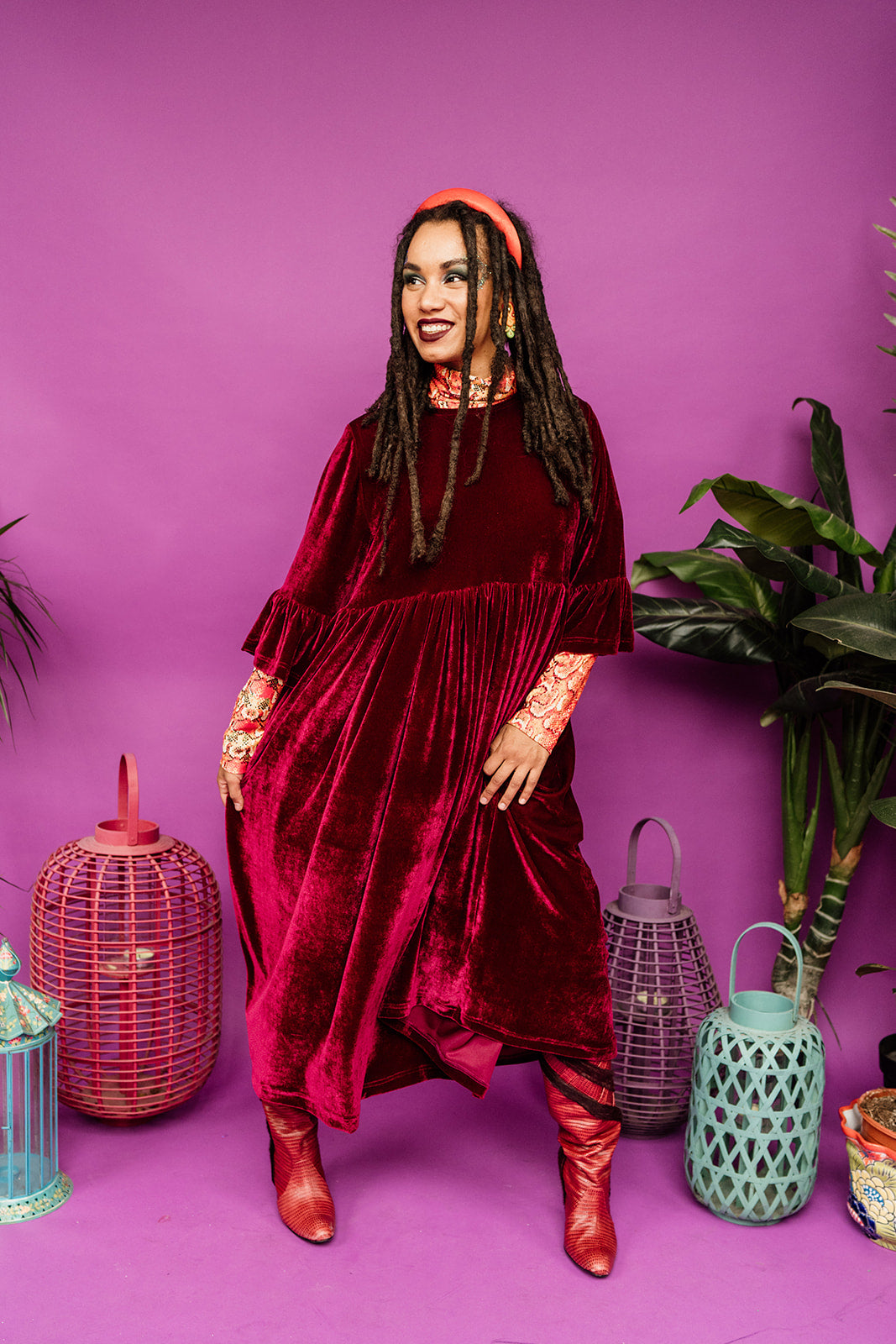 Velvet Ruffle Smock Dress in Burgundy