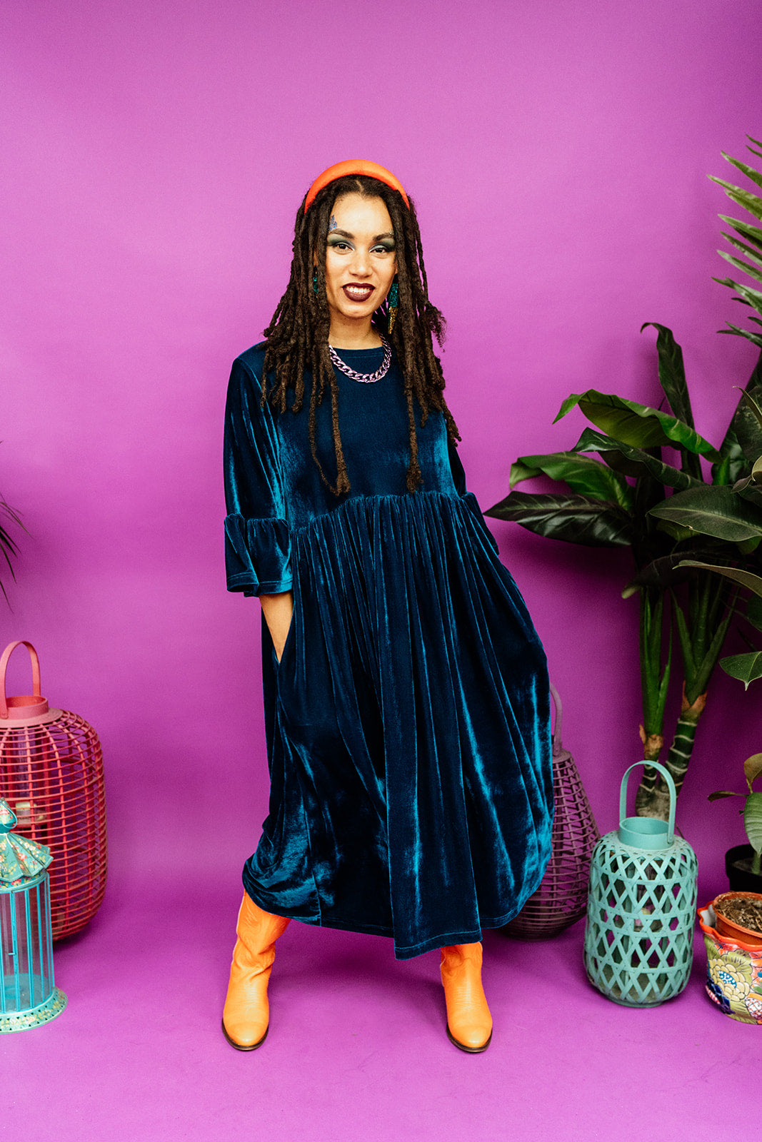 Velvet Ruffle Smock Dress in Teal