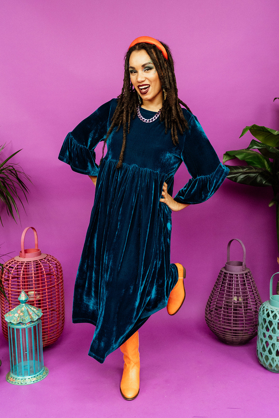 Velvet Ruffle Smock Dress in Teal