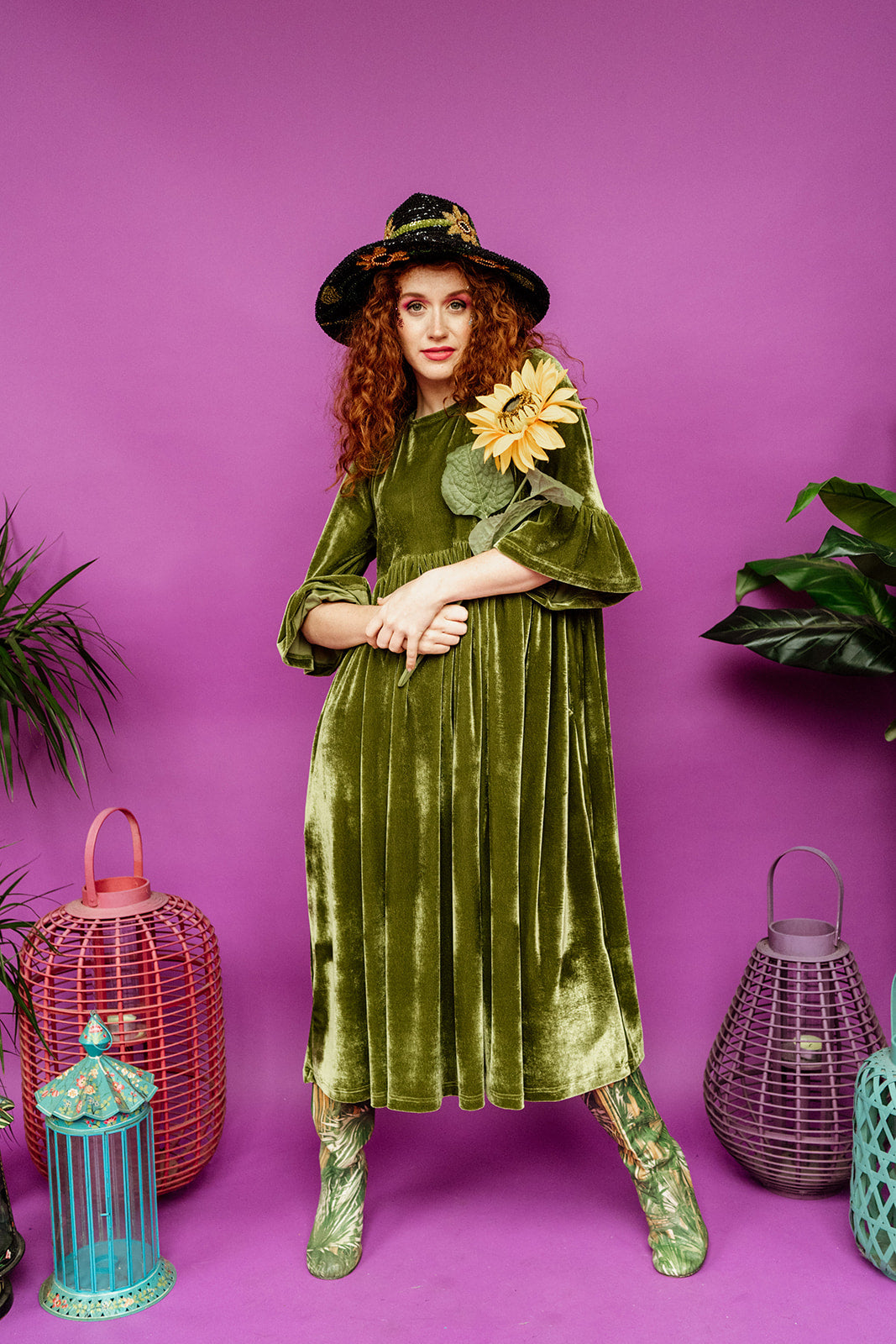 Velvet Ruffle Smock Dress in Olive Green