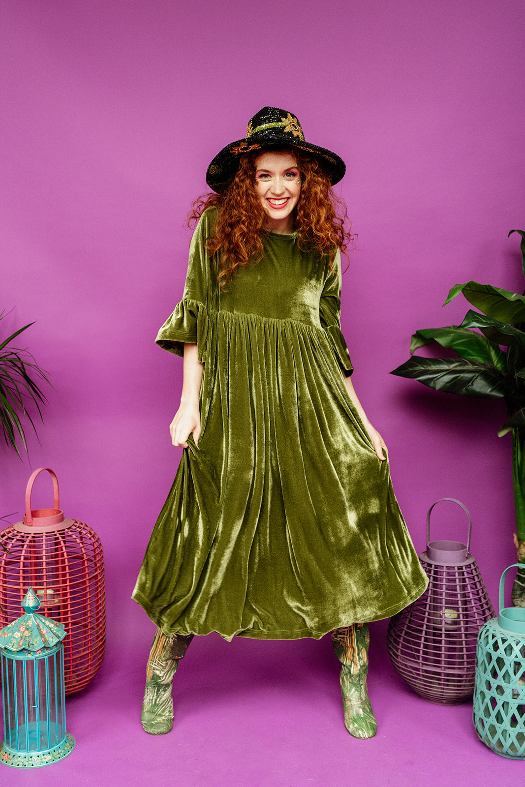 Velvet Ruffle Smock Dress in Olive Green
