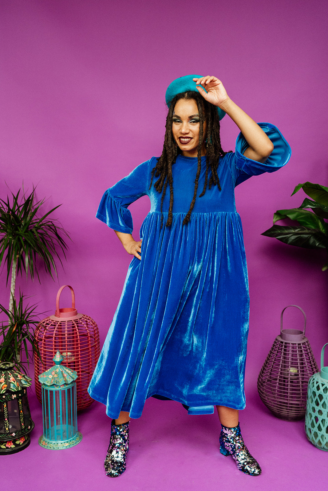 Velvet Ruffle Smock Dress in Cornflower