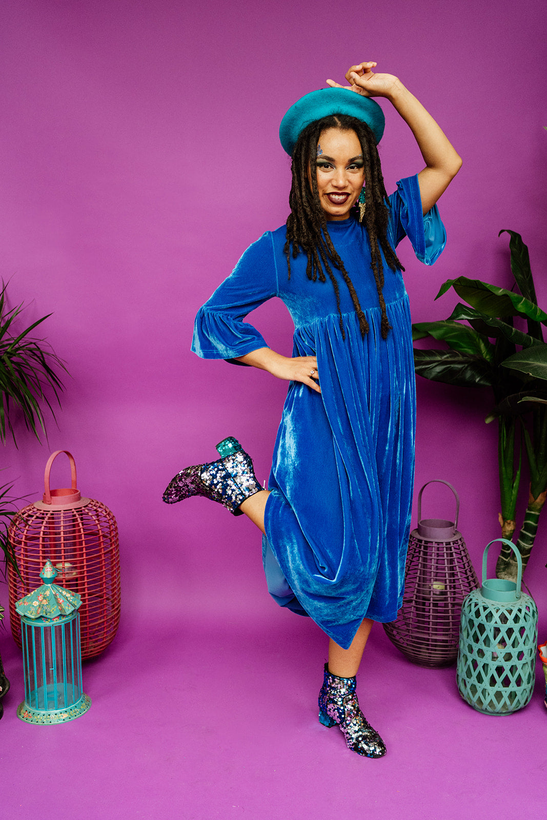 Velvet Ruffle Smock Dress in Cornflower