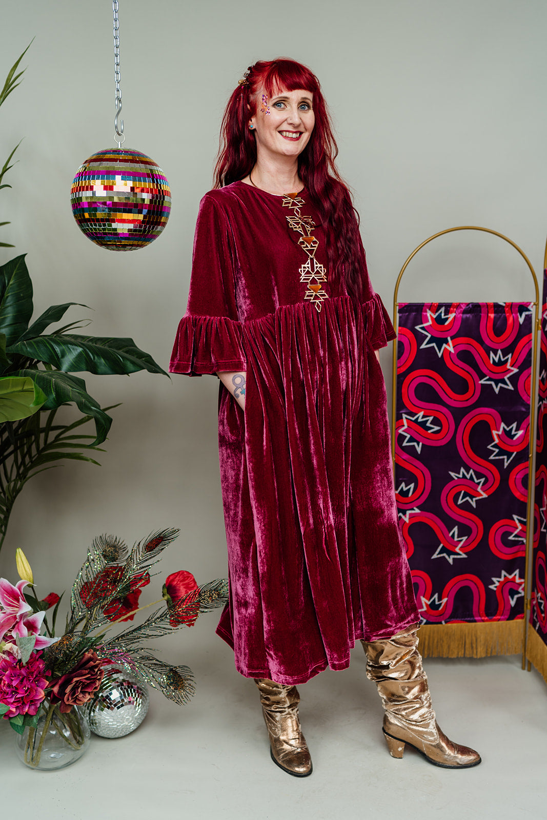 Velvet Ruffle Smock Dress in Dusty Rose