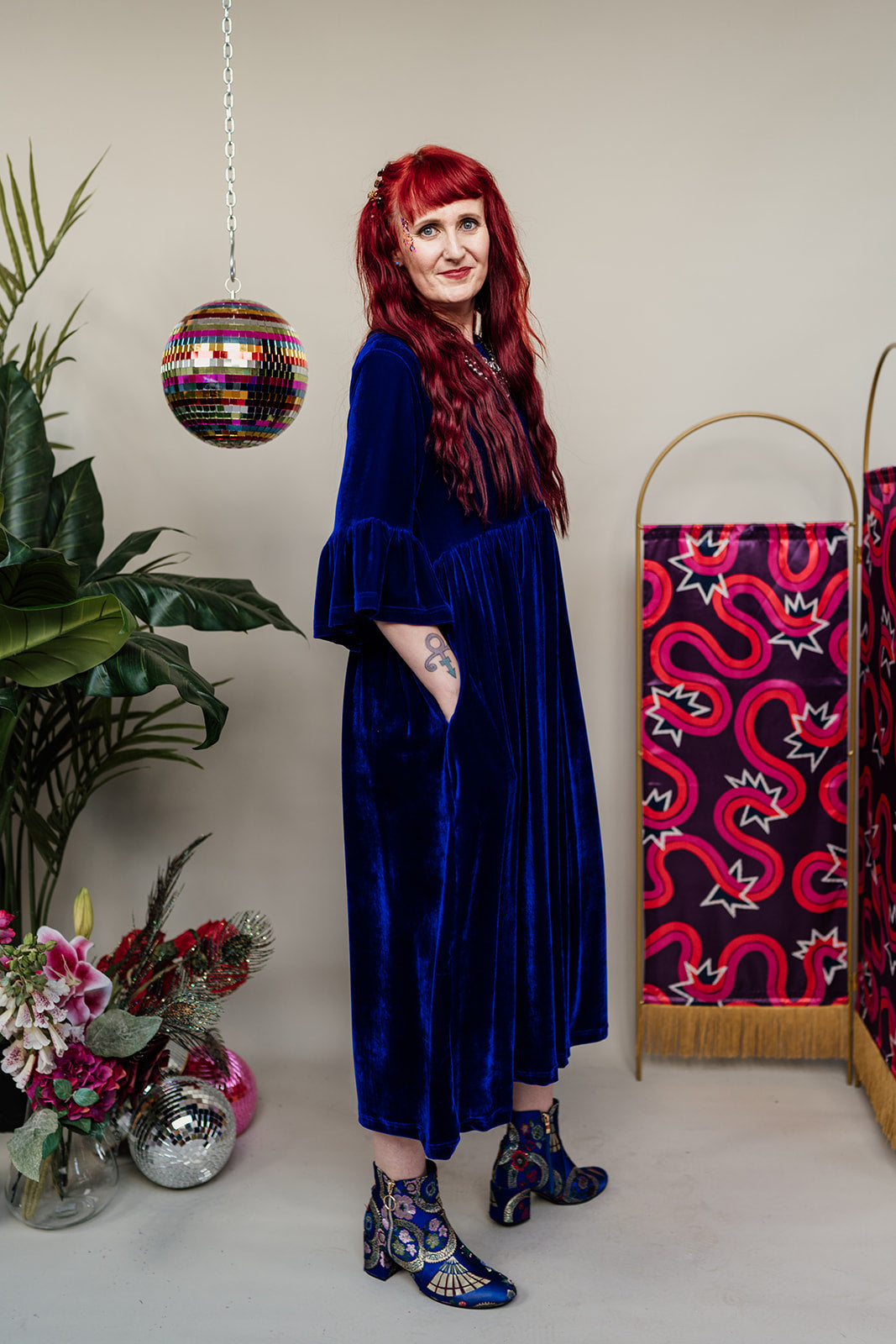 Velvet Ruffle Smock Dress in Royal Blue