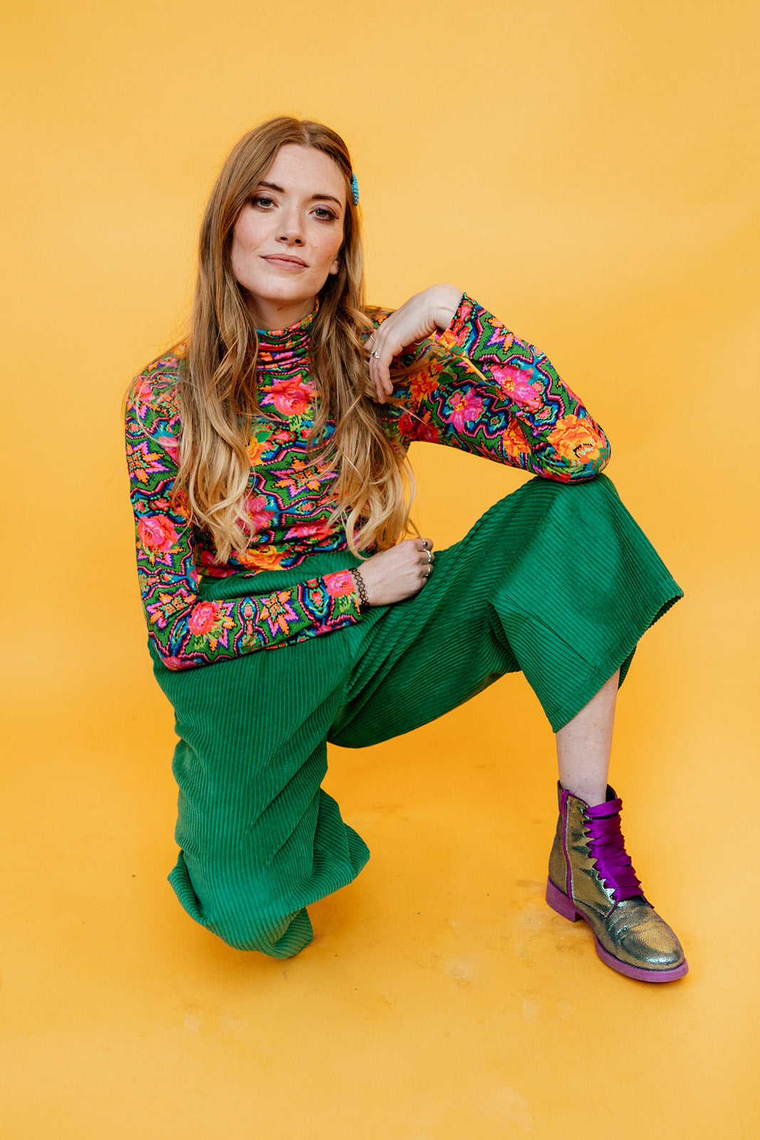 Long Sleeved Turtleneck in Green Cross Stitch Print