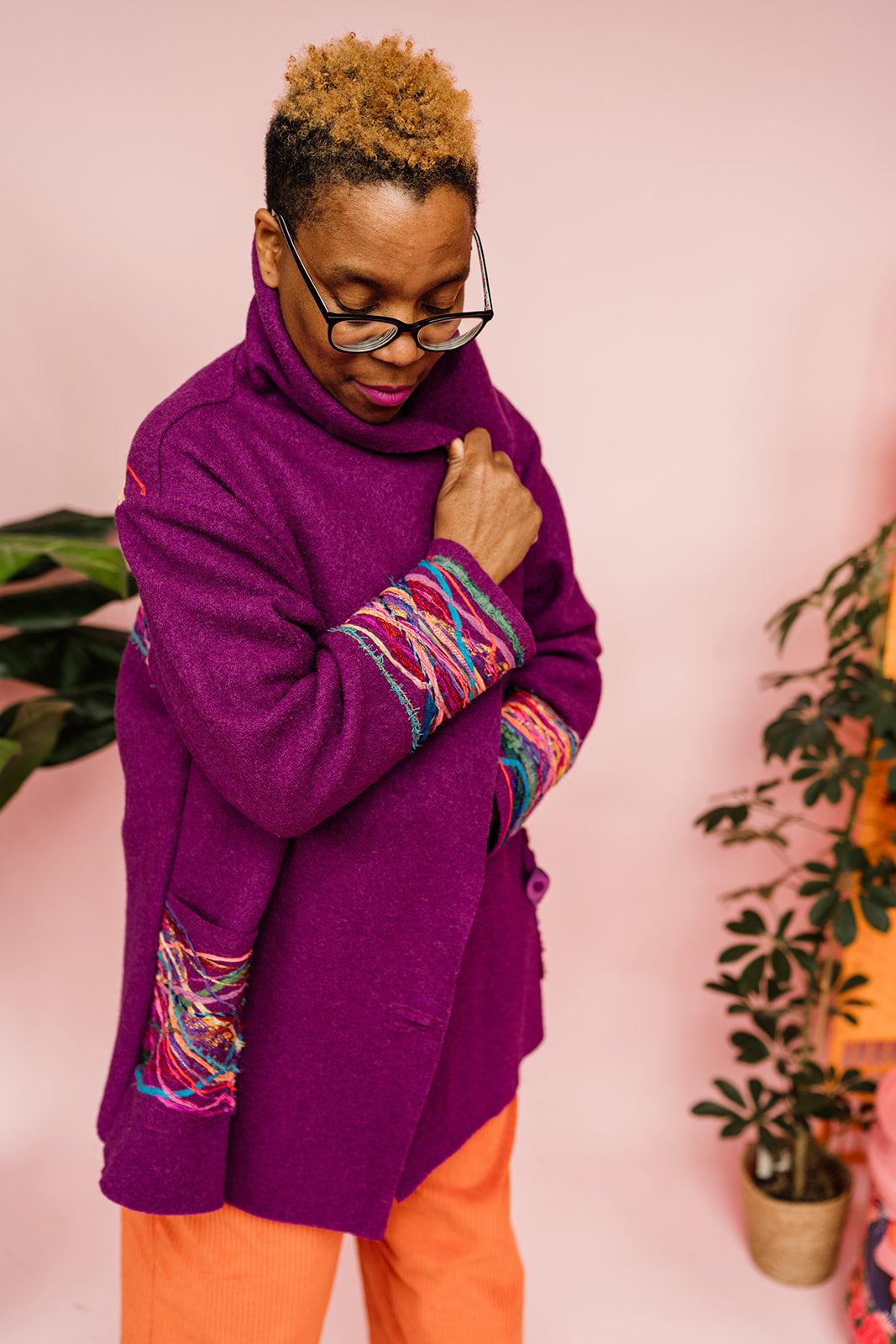 Embellished Short Wool Coat in Berry