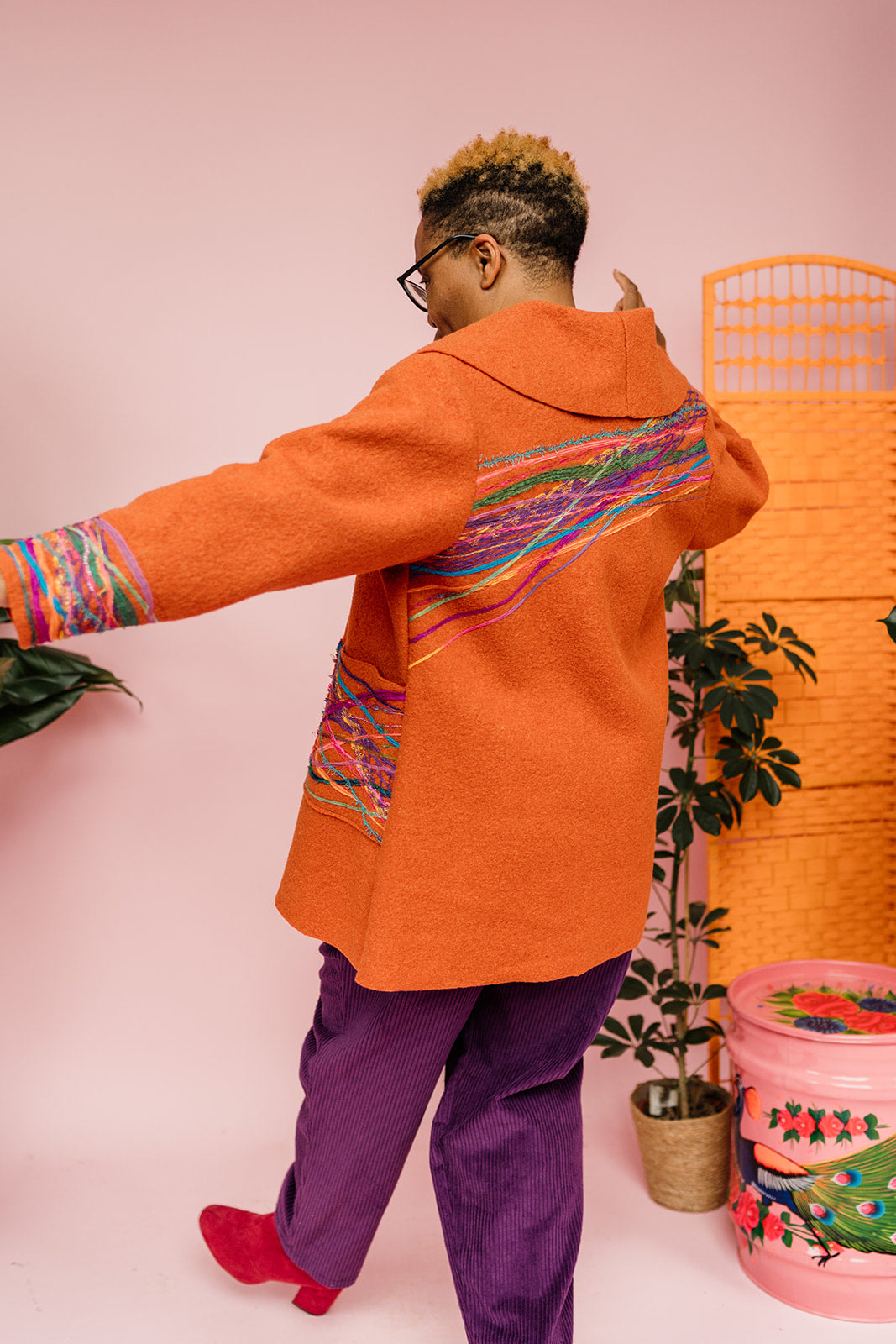 Embellished Short Wool Coat in Orange - Megan Crook