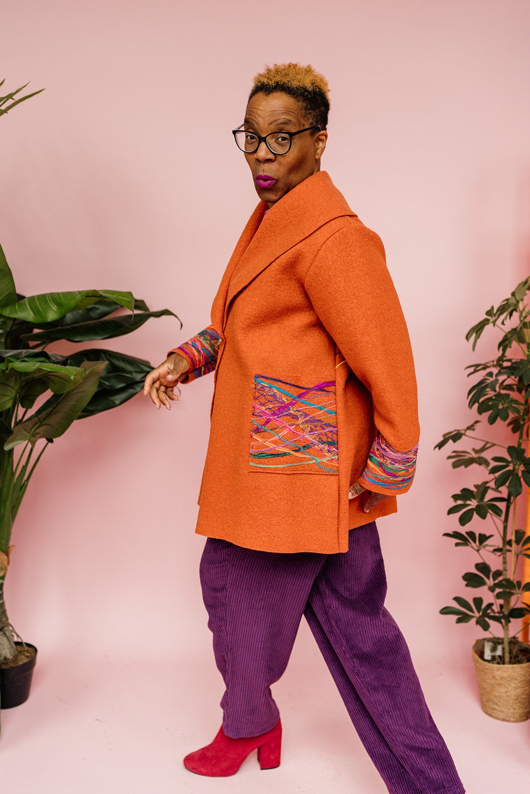 Embellished Short Wool Coat in Orange - Megan Crook