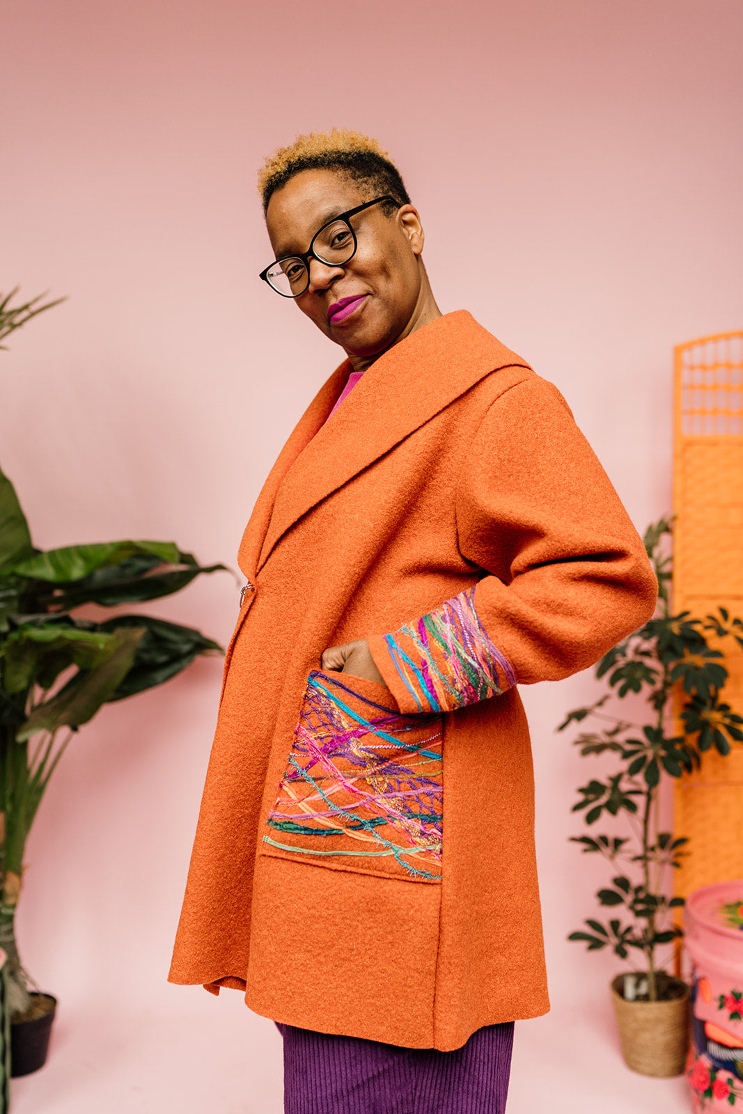 Embellished Short Wool Coat in Orange - Megan Crook