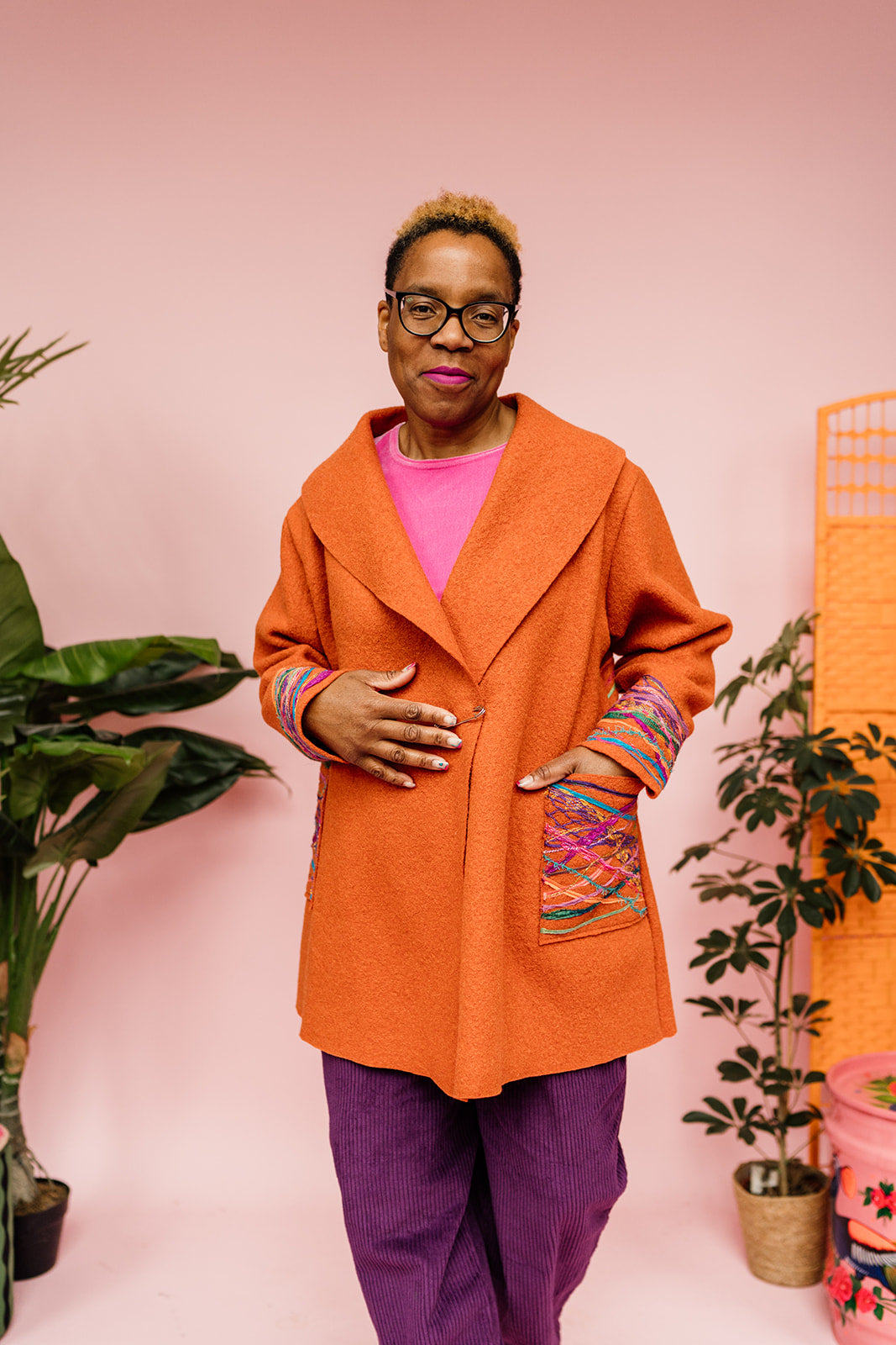Embellished Short Wool Coat in Orange - Megan Crook
