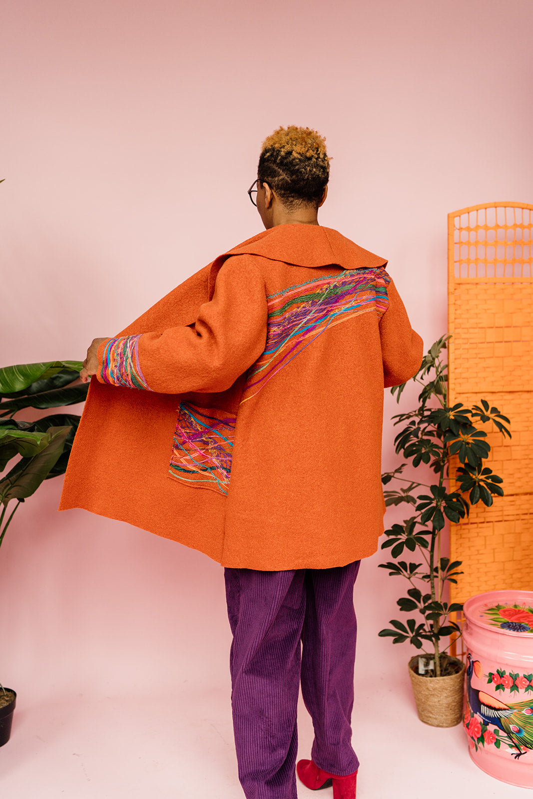 Embellished Short Wool Coat in Orange - Megan Crook