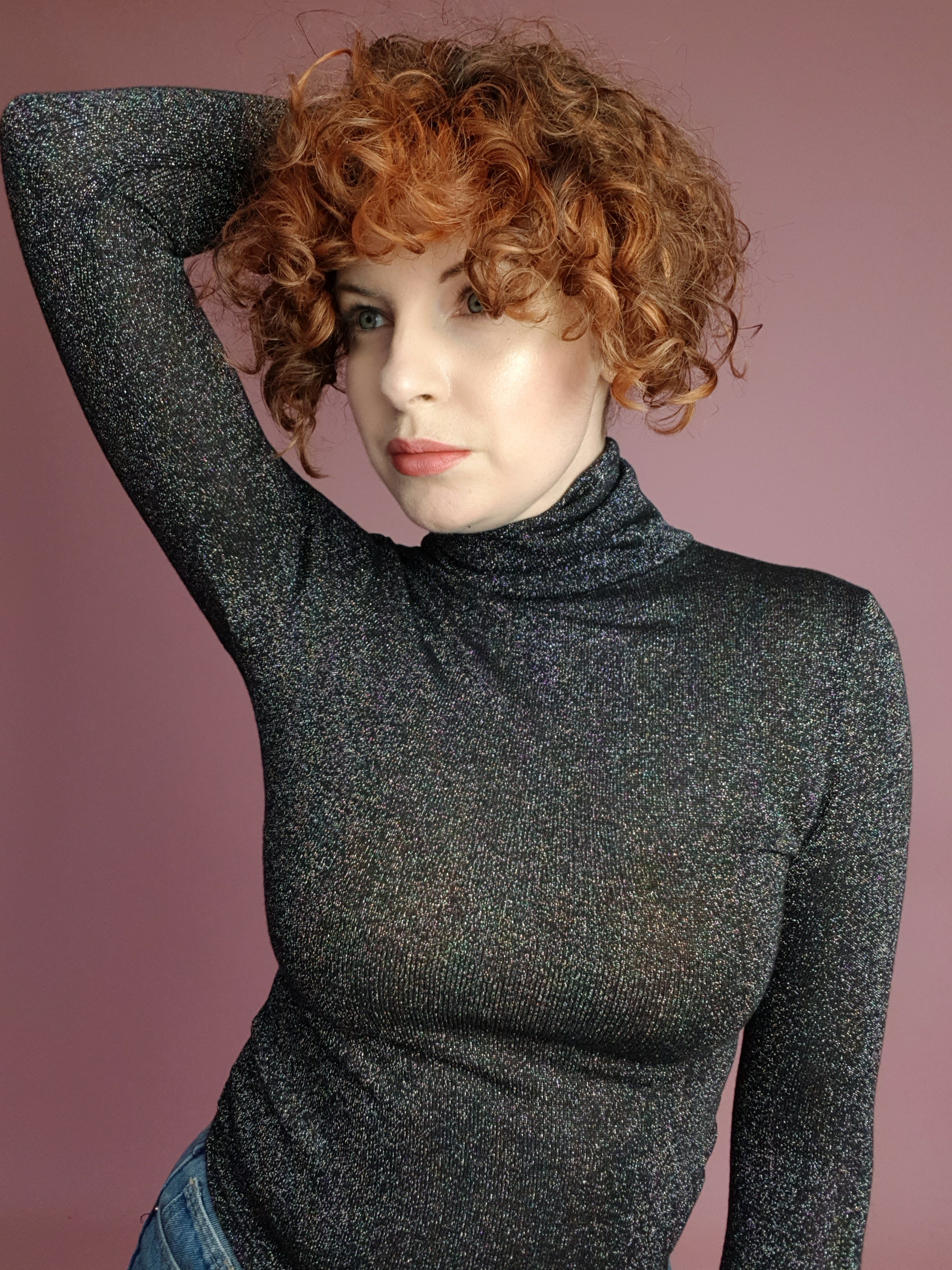 Long Sleeved Turtleneck in Black Lurex - Megan Crook