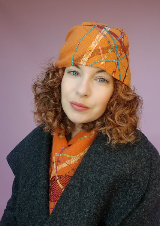 SALE Lambs Wool Embellished Cloche Hat - Tangerine