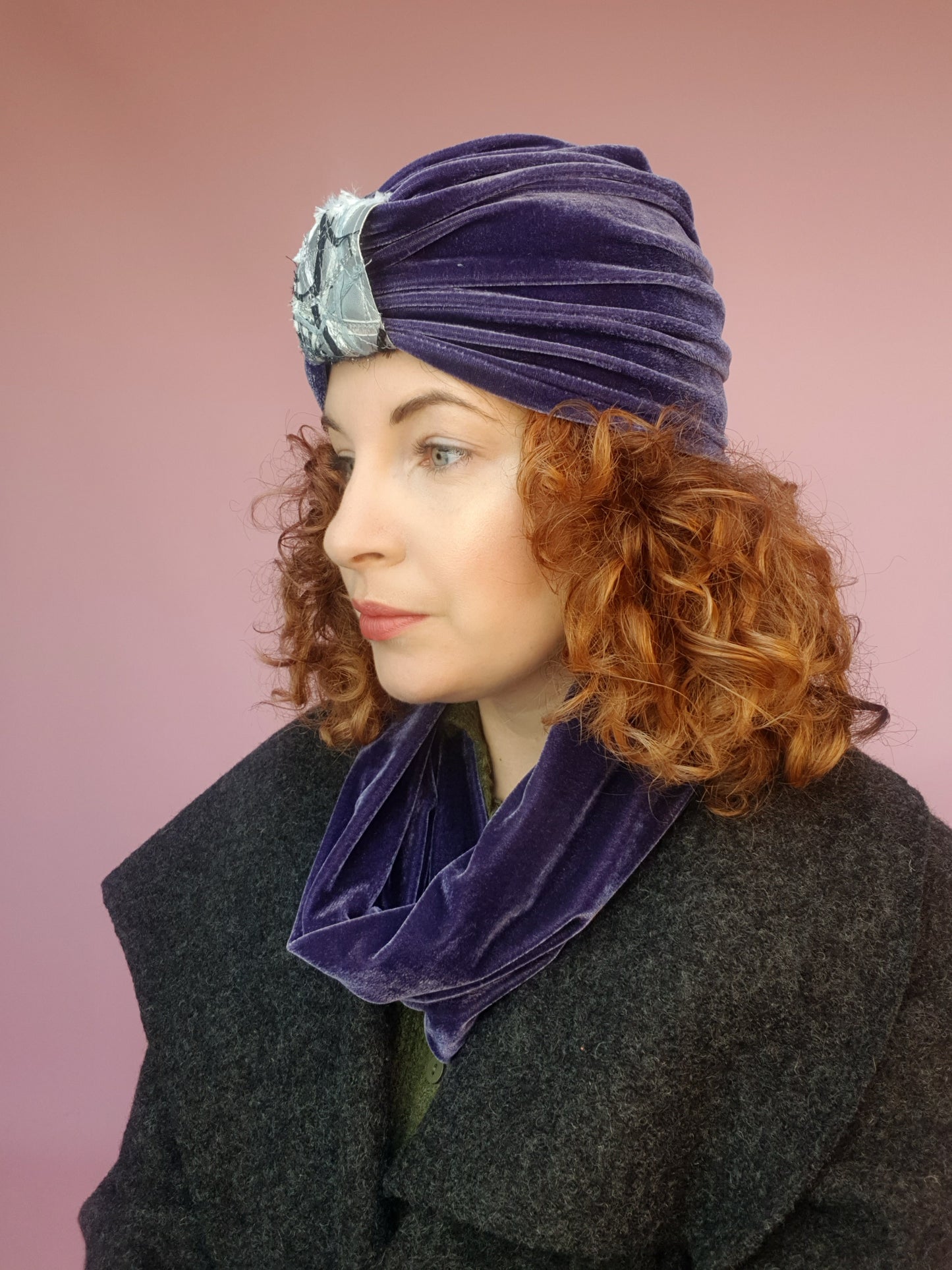 Embellished Velvet Turban in Lavender Grey